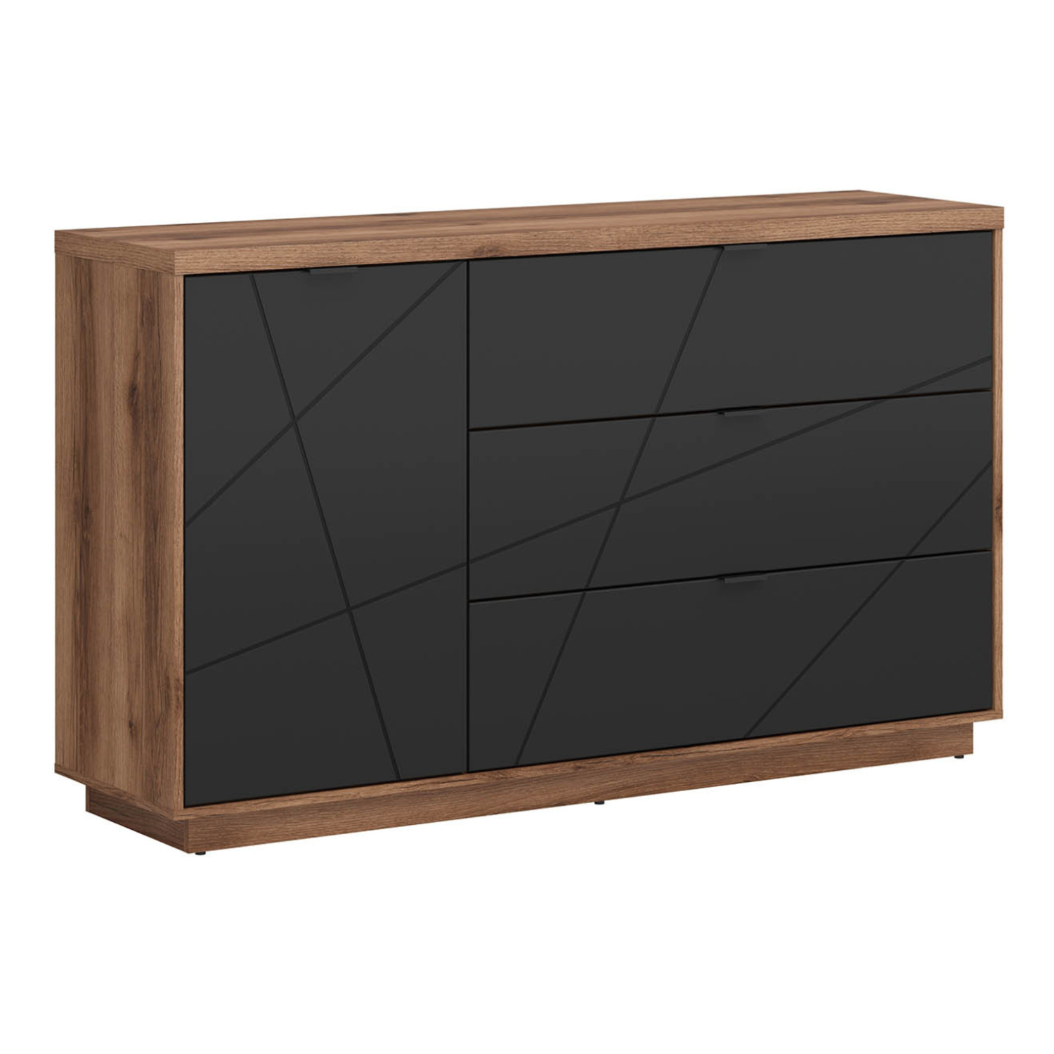 Faisa Chest of Drawers 156cm with Doors and 3 Drawers - Dark Delano Oak / Black Matt