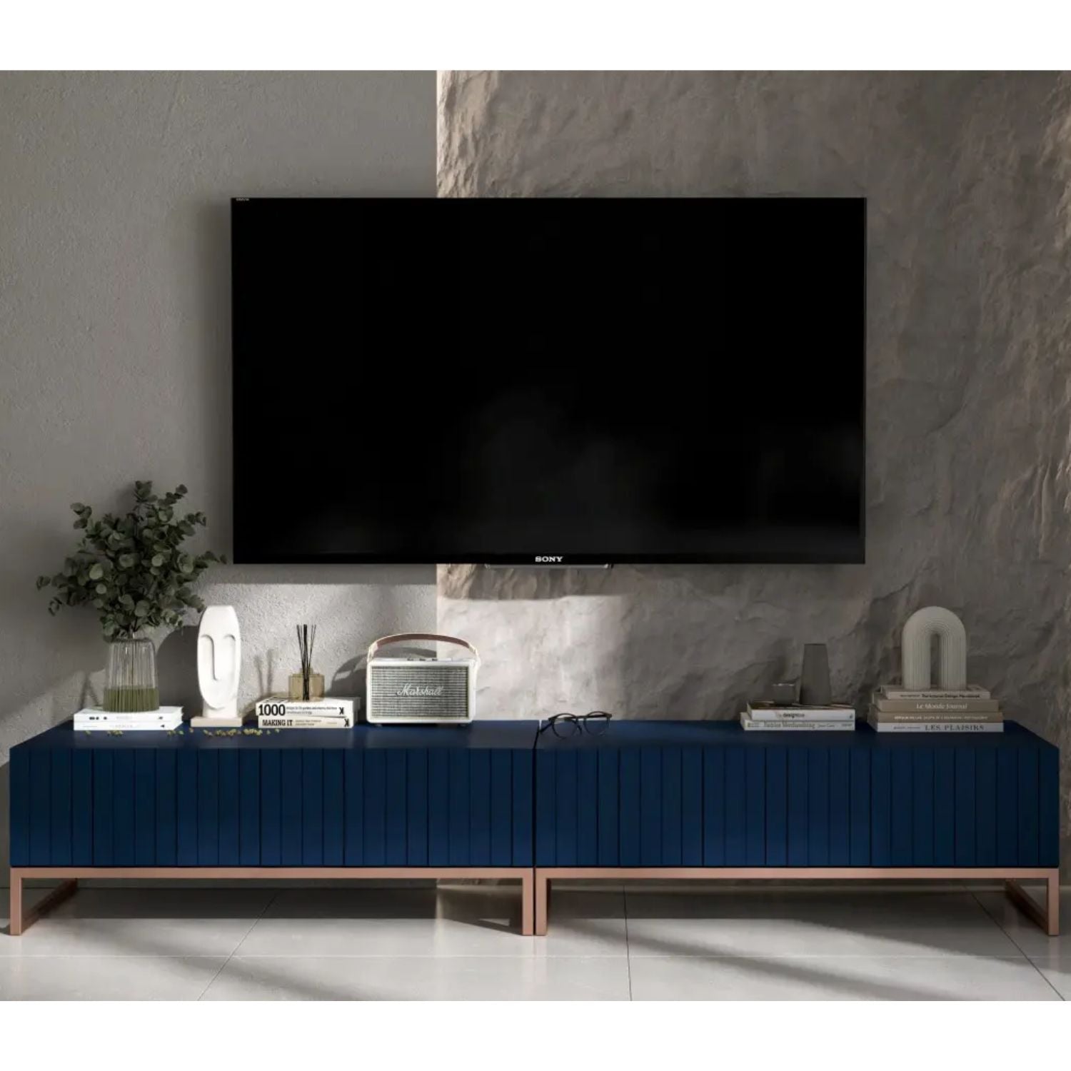 Elpis Glamour TV Sideboard 220 cm TV Unit Navy Matt / Copper Frame