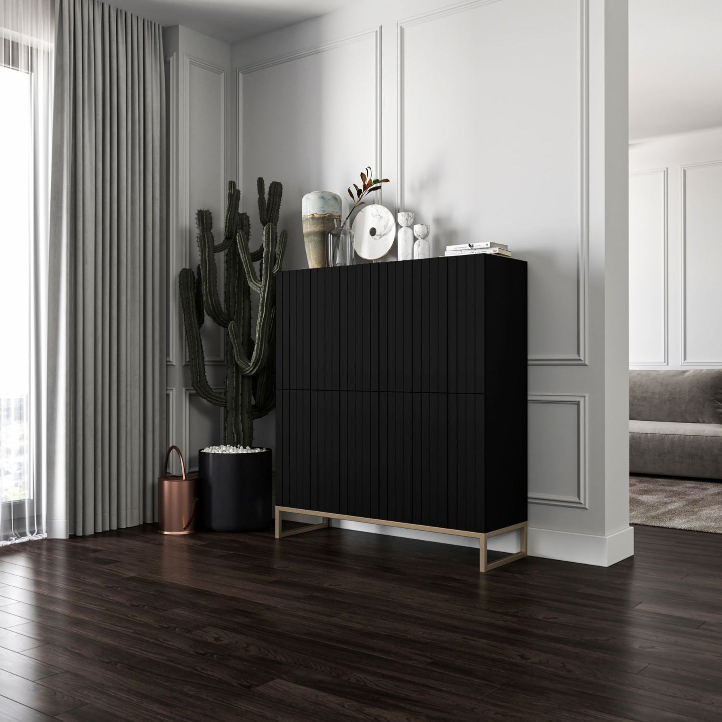 Elpis Glamour Sideboard Push-to-Open Cabinet - Black Matt / Golden Frame