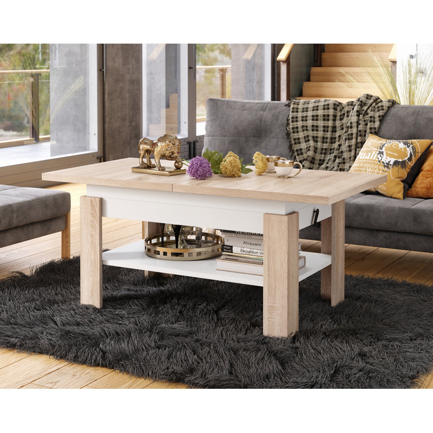 Runa 2 in 1 Extending Coffee / Dining Table 130-170cm - Sonoma Oak / White