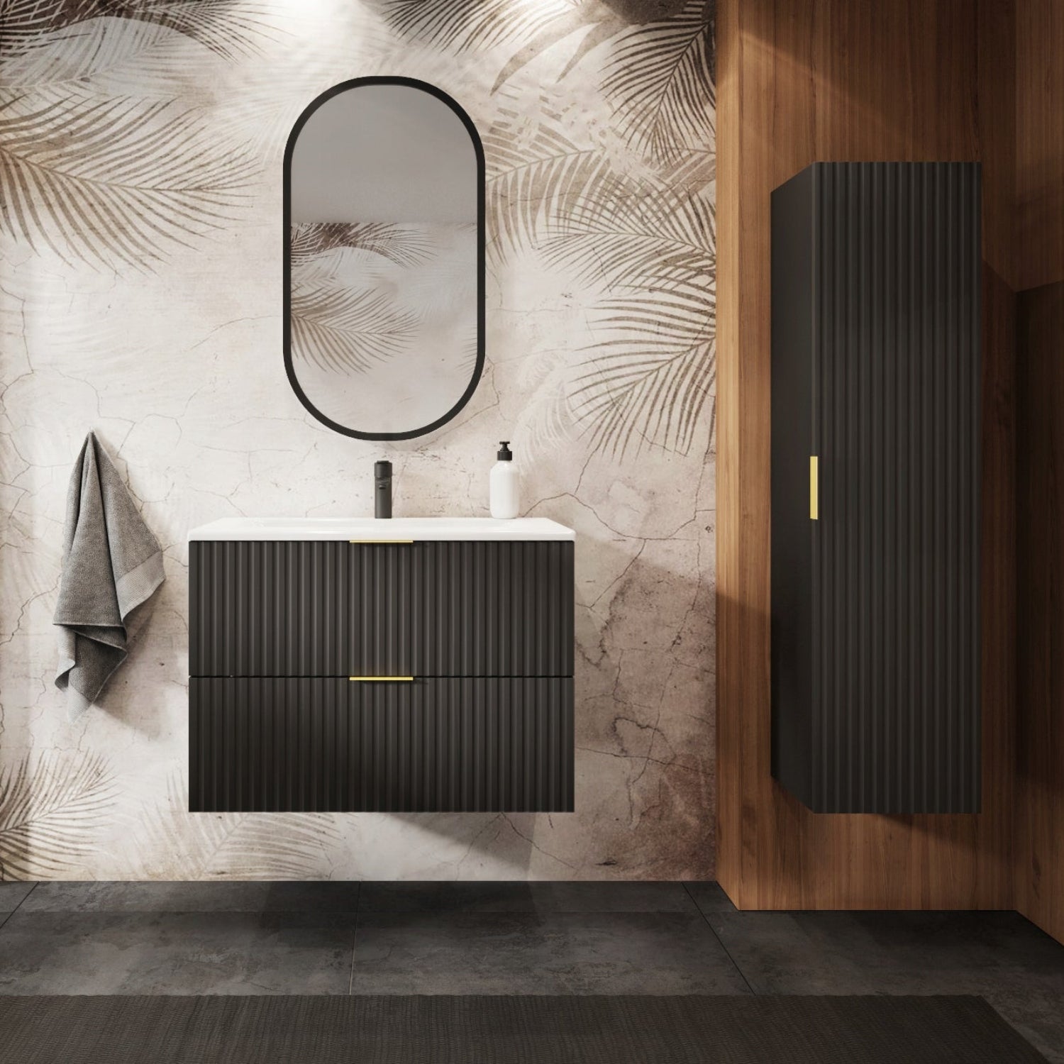 Flow Wall-Mounted 2 Drawer Bathroom Vanity Cabinet with Basin 80cm - Black