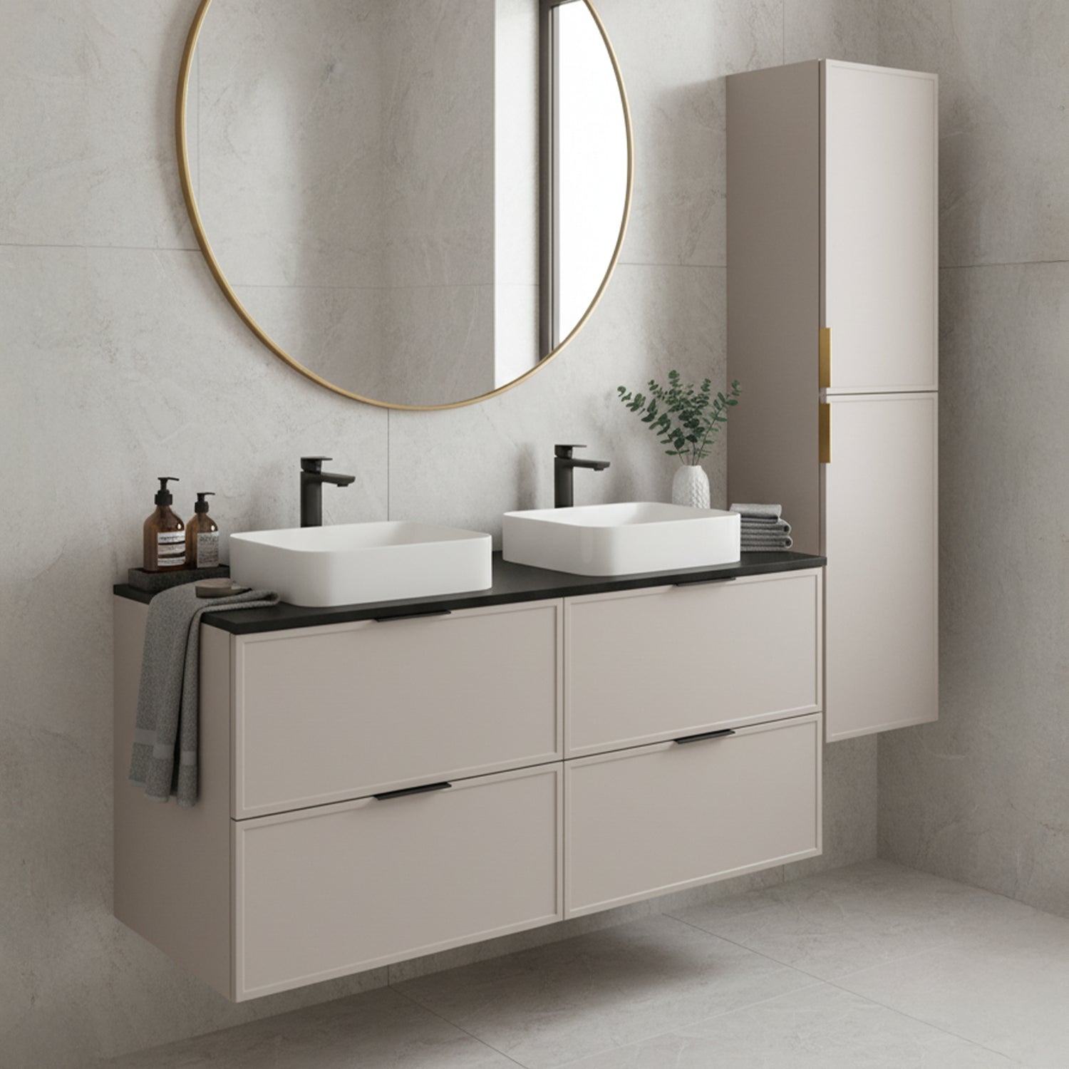 Simple Modern 2 Cabinets Set Vanity Unit 120cm with Worktop & Tall Cabinet 136cm - Cashmere