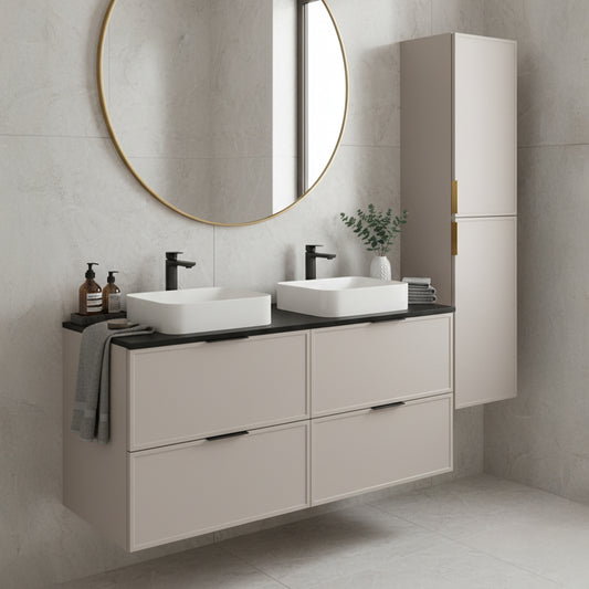 Simple Modern 2 Cabinets Set Vanity Unit 120cm with Worktop & Tall Cabinet 136cm - Cashmere