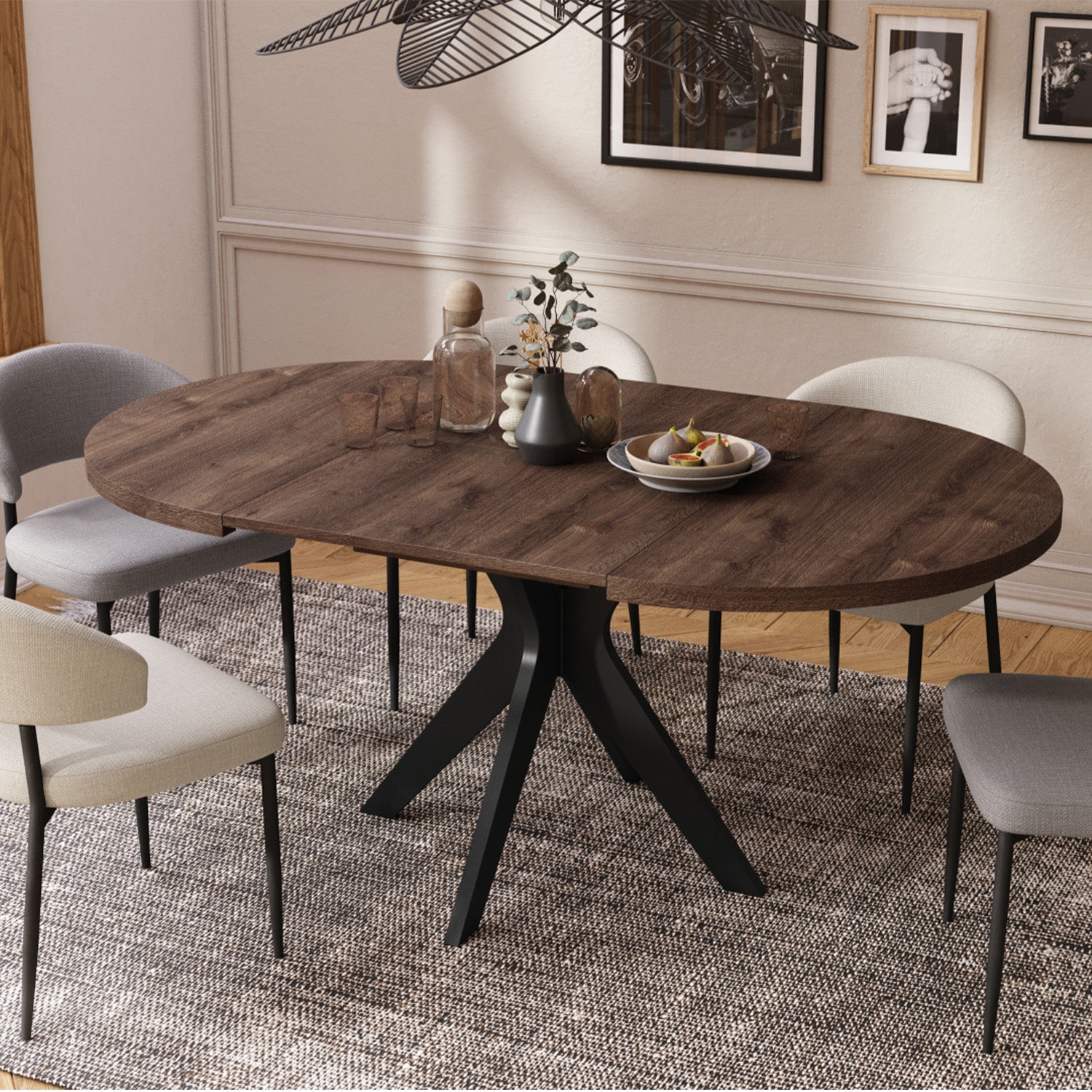 Renzo Extending Modern Dining Table – Brown Oak / Black