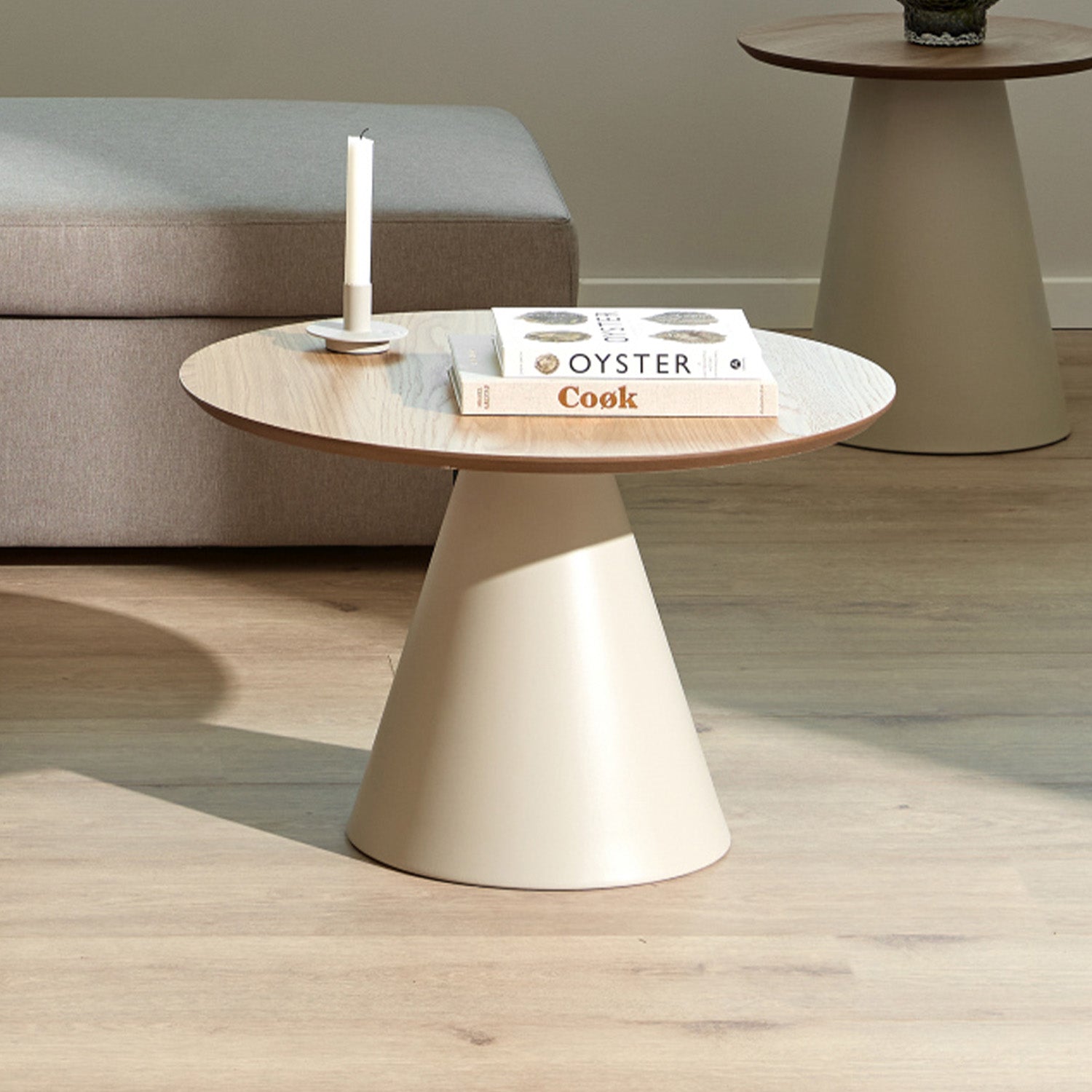 Bosco Coffee Table Round Modern Steel Base & Wood Veneer - Natural Oak / Cashmere