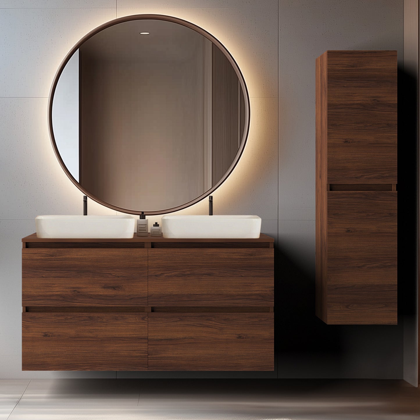 Simple Minimalist Bathroom Vanity Cabinets Set 120cm with Tall Unit & Worktop Basins - Walnut
