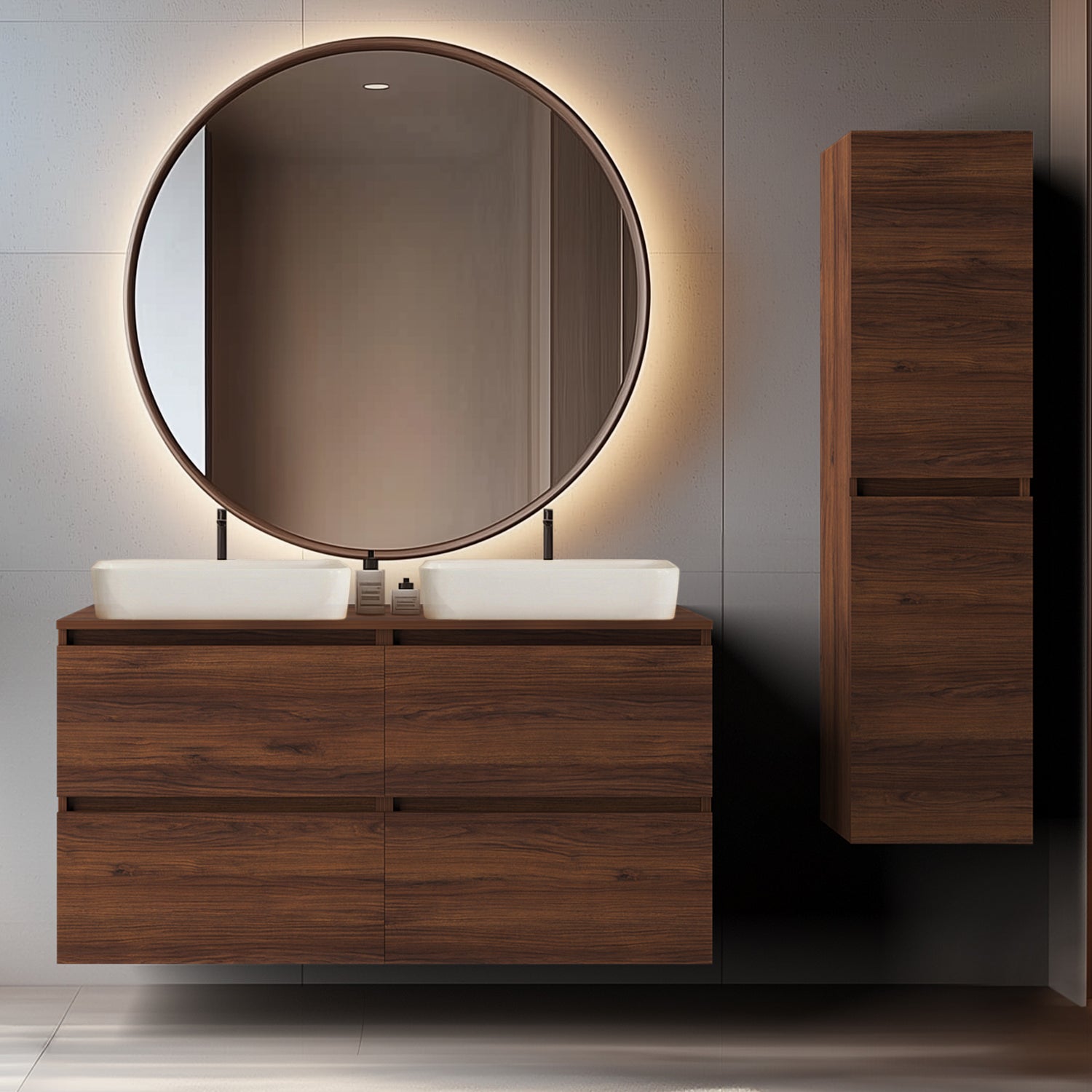 Simple Minimalist Bathroom Vanity Cabinets Set 120cm with Tall Unit & Worktop Basins - Walnut
