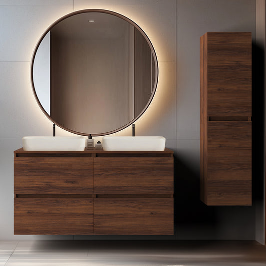 Simple Minimalist Bathroom Vanity Cabinets Set 120cm with Tall Unit & Worktop Basins - Walnut