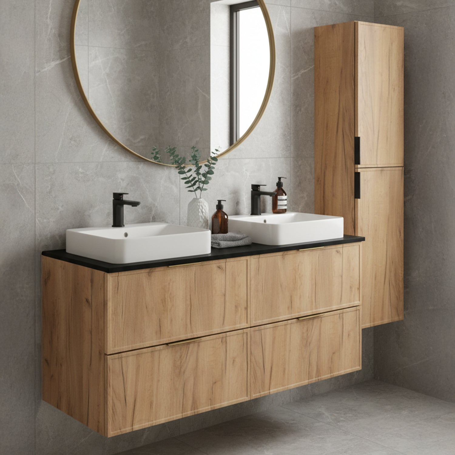 Simple Modern 2 Cabinets Set Vanity Unit 120cm with Worktop & Tall Cabinet 136cm - Gold Craft Oak