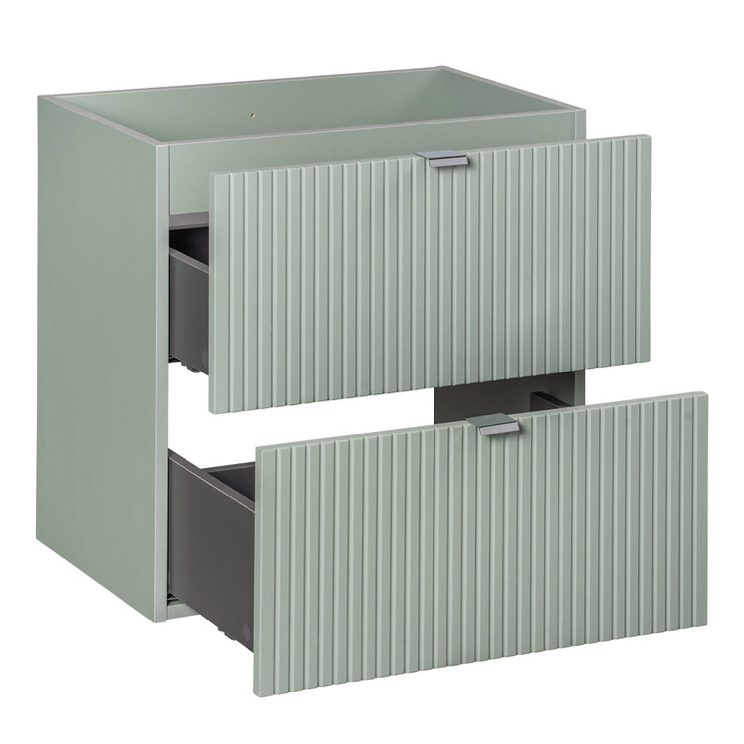 Line Reed Bathroom Wall Mounted 60cm Vanity Unit Set with Tall Cabinet and Worktop Basin - Sage / Oak