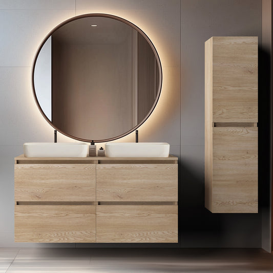 Simple Minimalist Bathroom Vanity Cabinets Set 120cm with Tall Unit & Worktop Basins - Light Oak