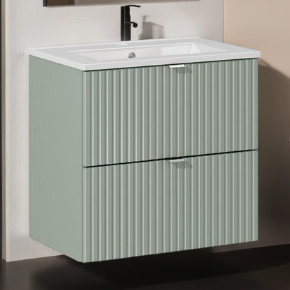 Line Reed 2 Drawer Bathroom Cabinet Vanity Unit 60cm with Built-In Basin - Sage