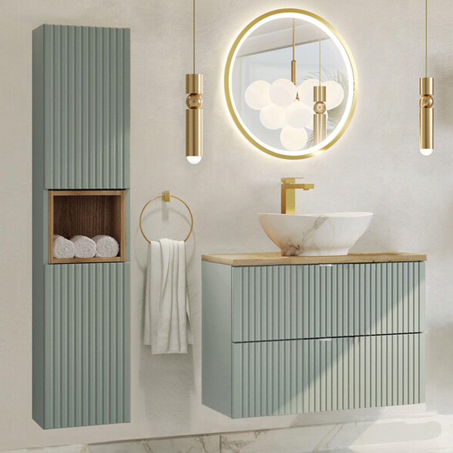 Line Reed Bathroom Wall Mounted 60cm Vanity Unit Set with Tall Cabinet and Worktop Basin - Sage / Oak
