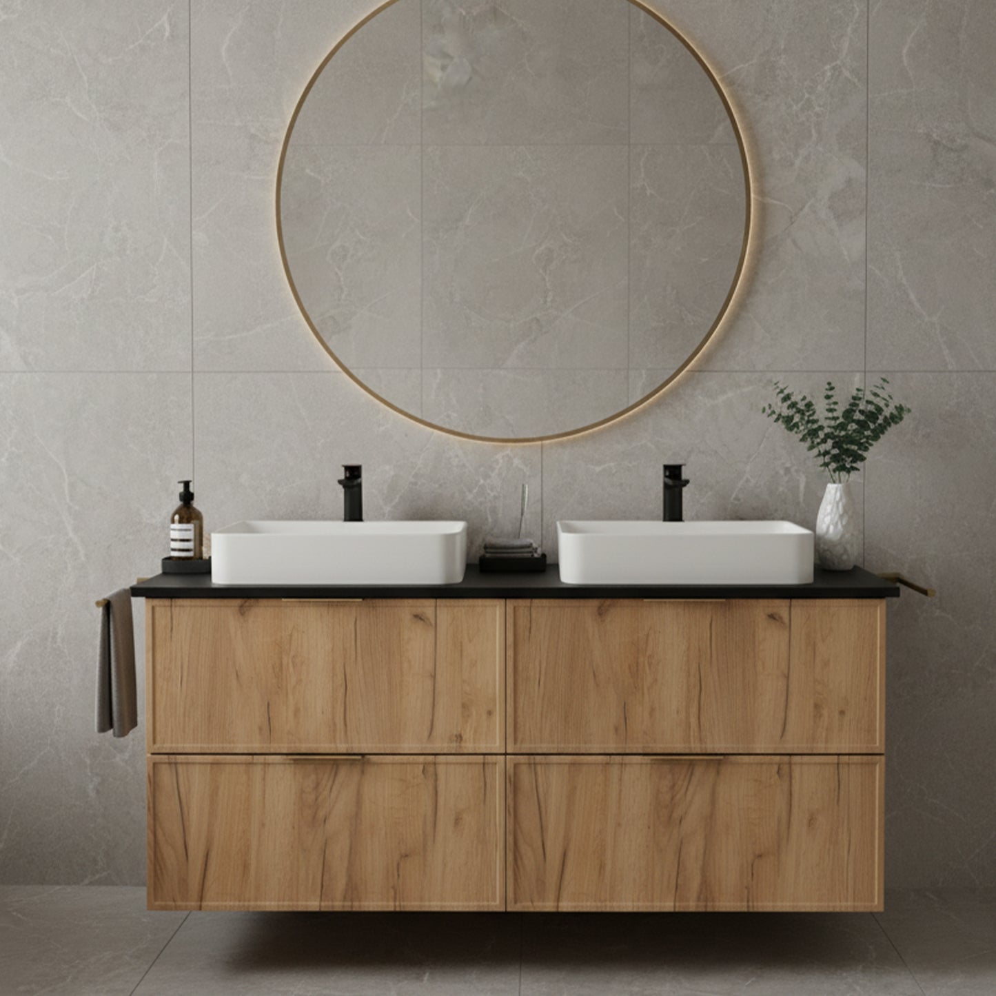 Simple Modern 4 Drawer Bathroom Cabinet Vanity Unit 120cm with Worktop - Gold Craft Oak