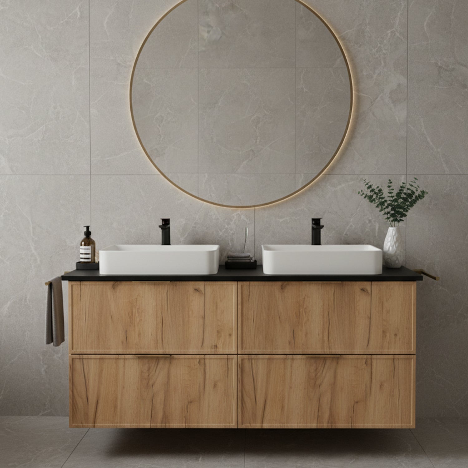Simple Modern 4 Drawer Bathroom Cabinet Vanity Unit 120cm with Worktop - Gold Craft Oak