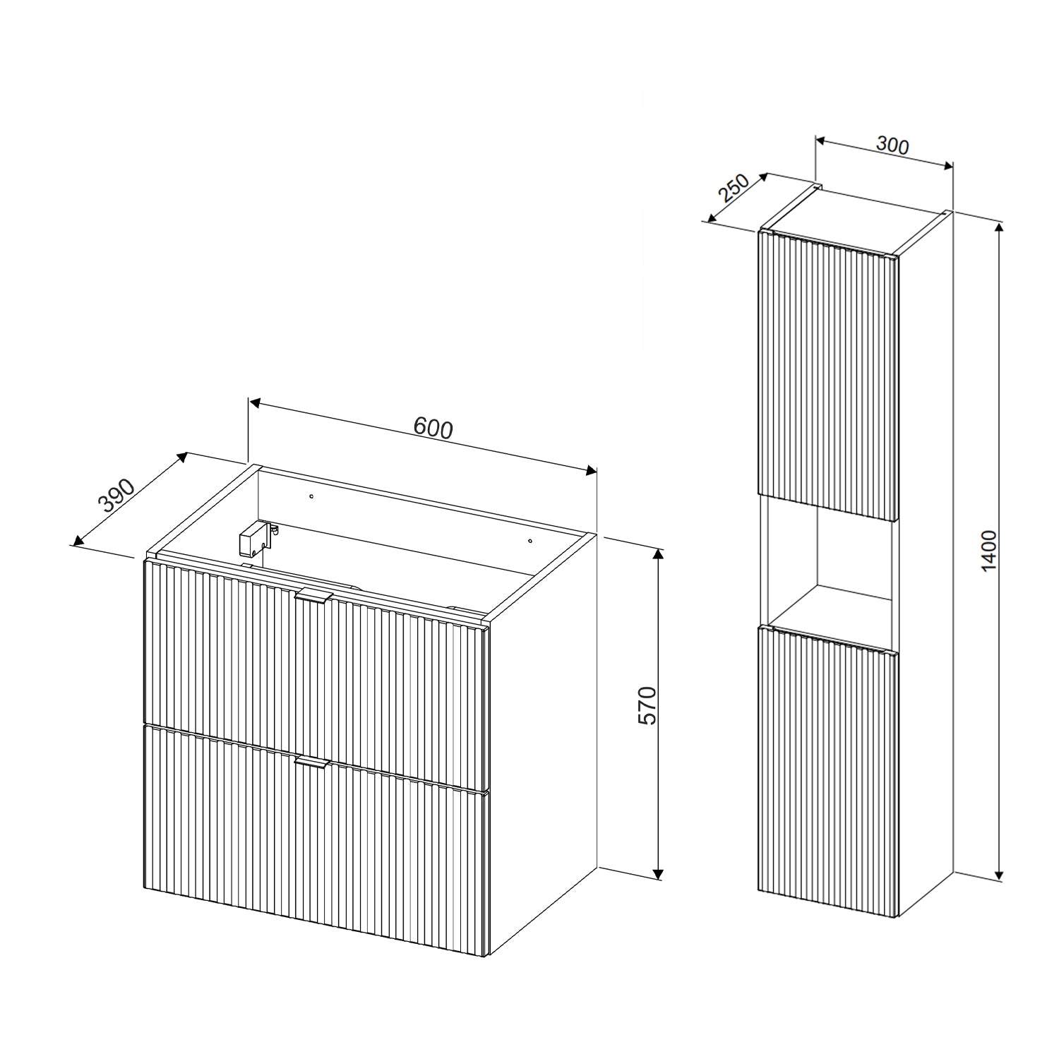 Line Reed Bathroom Wall Mounted 60cm Vanity Unit Set with Tall Cabinet and Worktop Basin - Sage / Oak