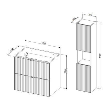 Line Reed Bathroom Wall Mounted 60cm Vanity Unit Set with Tall Cabinet and Worktop Basin - Sage / Oak