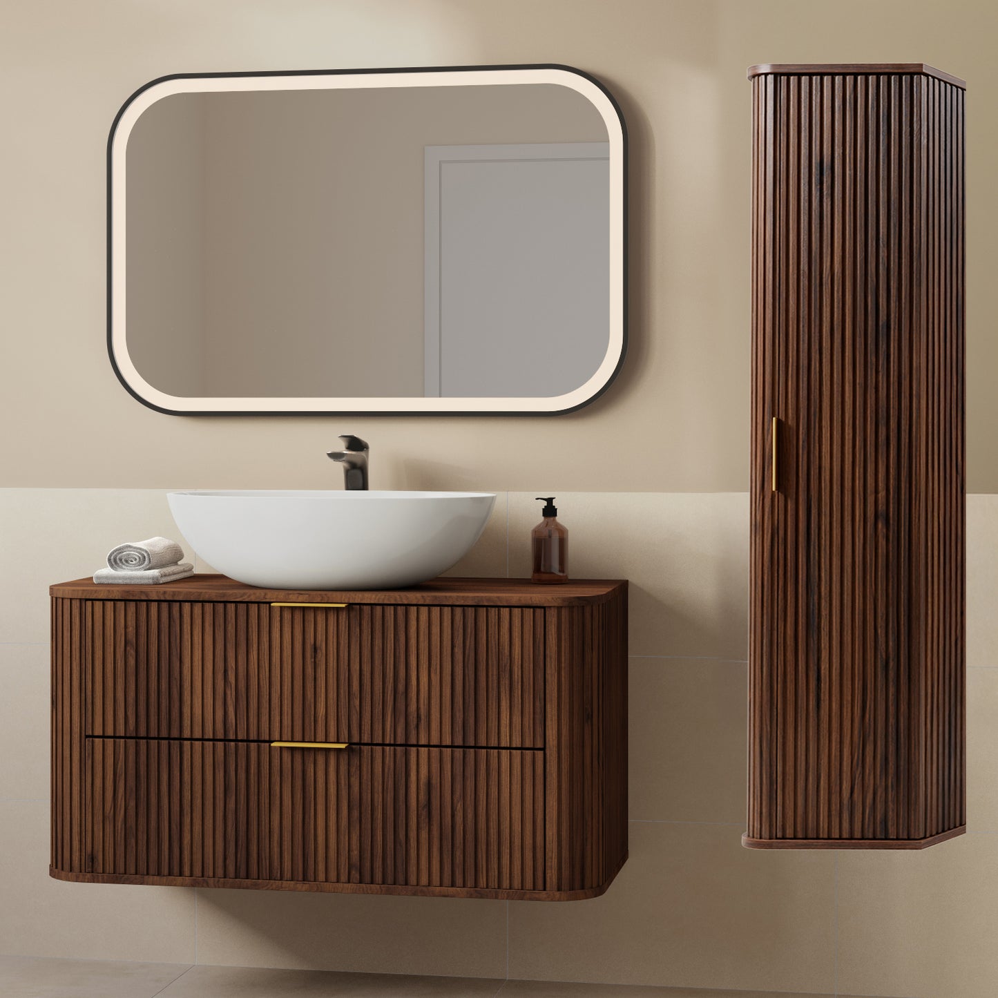 Elegance Glamour Style 2 Bathroom Cabinets Set 100cm Vanity Unit & Tall Cabinet - Walnut