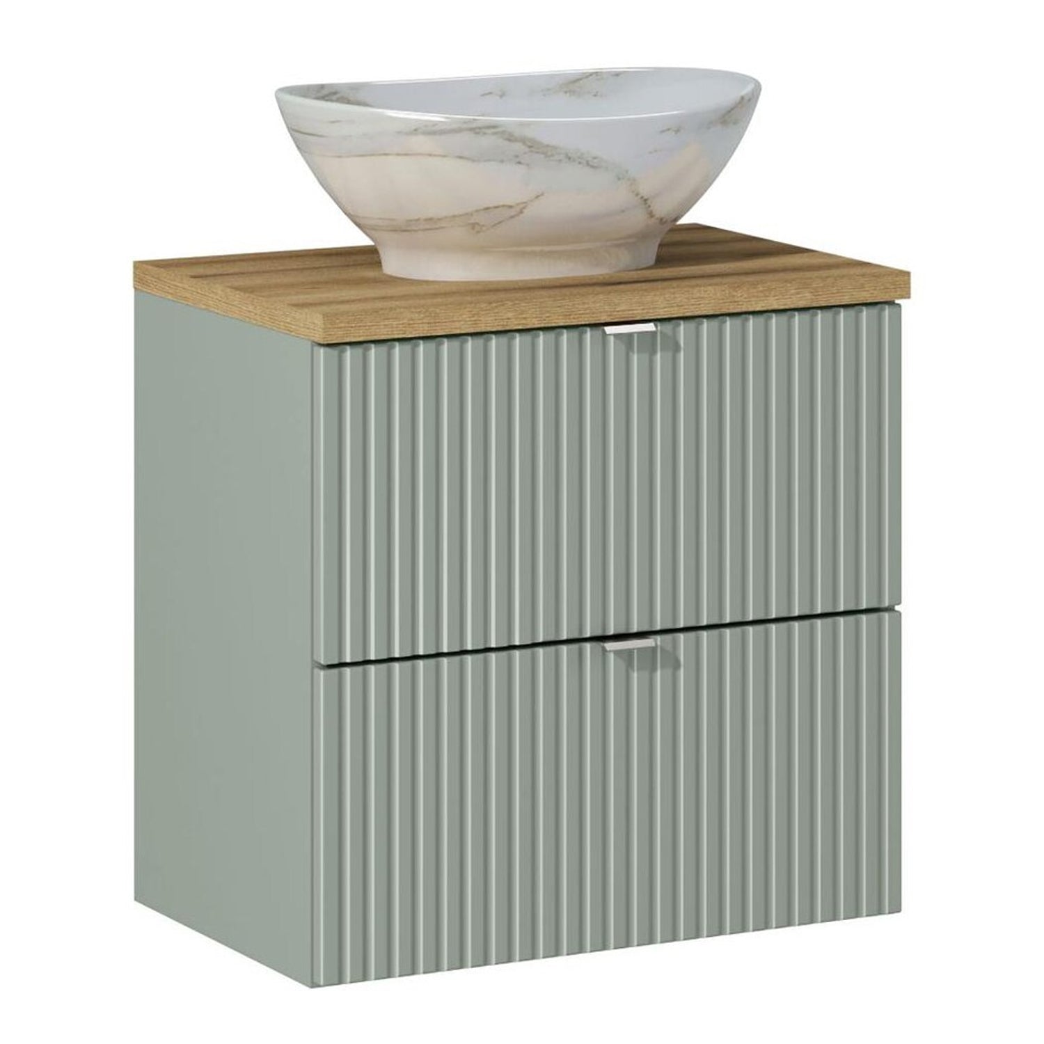 Line Reed 2 Drawer Bathroom Cabinet Vanity Unit 60cm with Worktop Basin - Sage / Oak