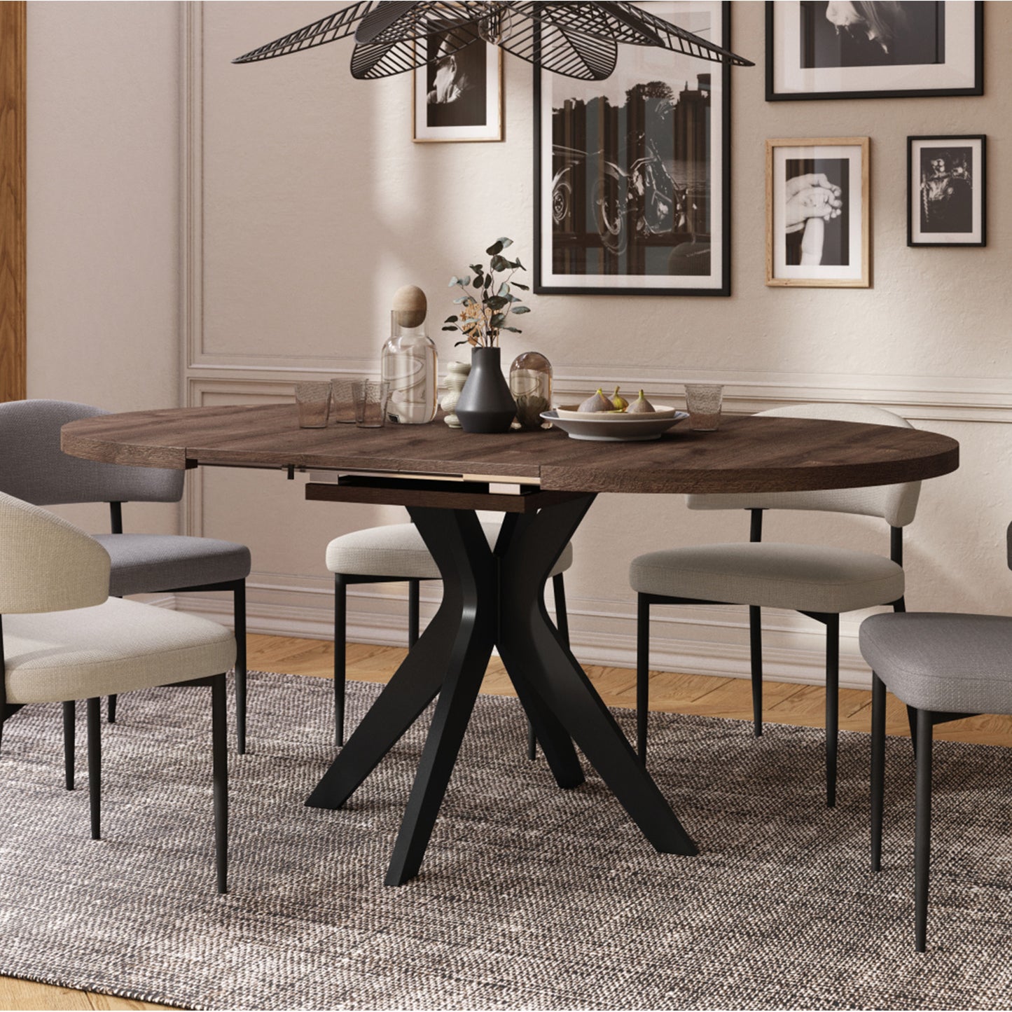 Renzo Extending Modern Dining Table – Brown Oak / Black