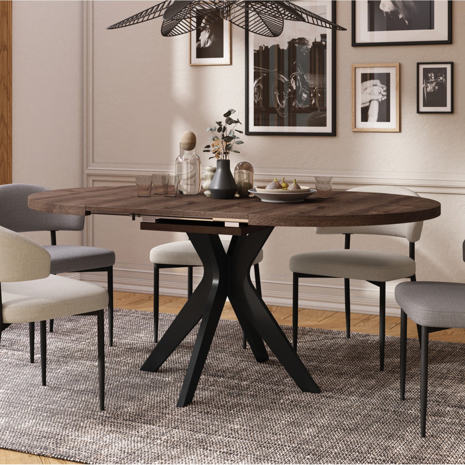 Renzo Extending Modern Dining Table – Brown Oak / Black