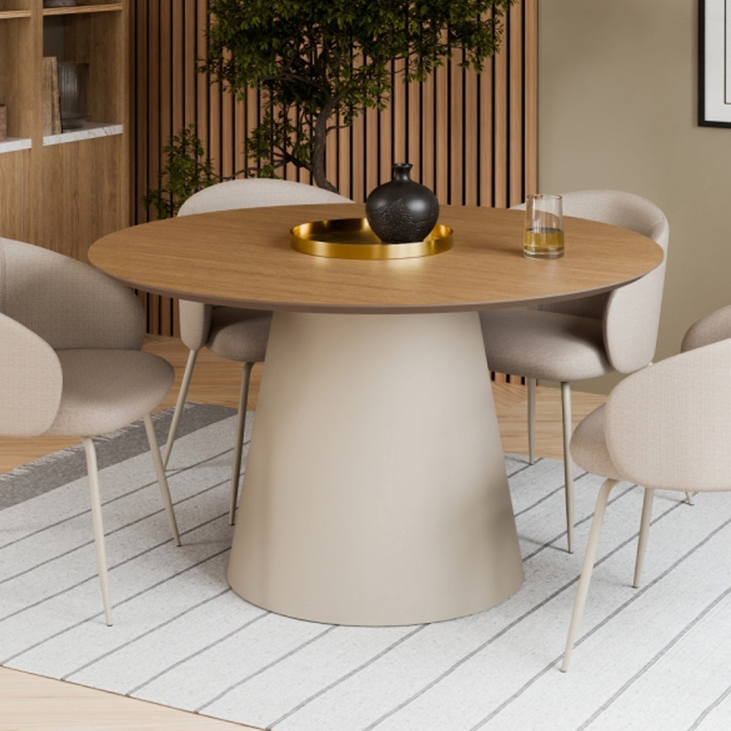 Bosco Coffee Table Round Modern Steel Base & Wood Veneer - Natural Oak / Cashmere