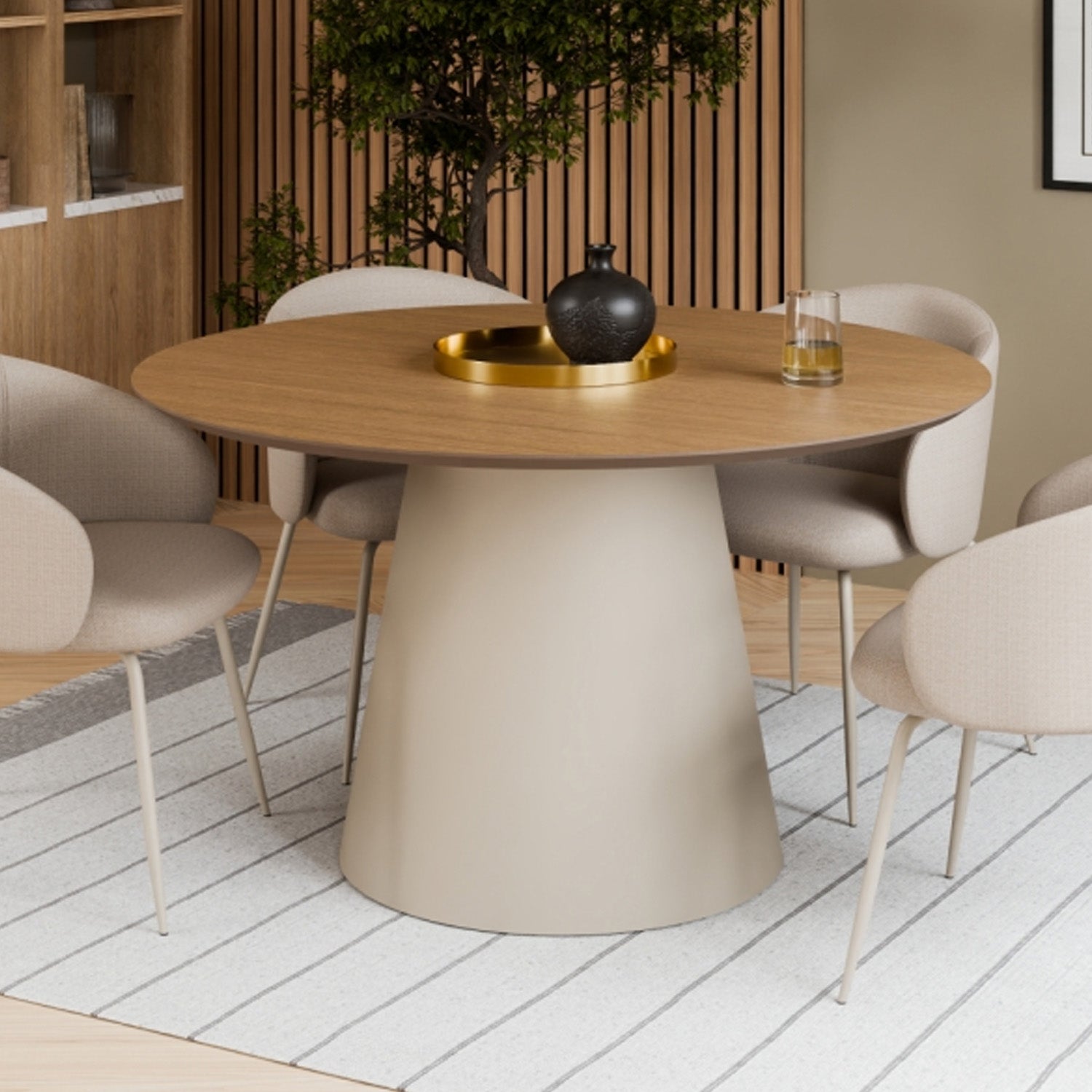 Bosco Coffee Table Round Modern Steel Base & Wood Veneer - Natural Oak / Cashmere