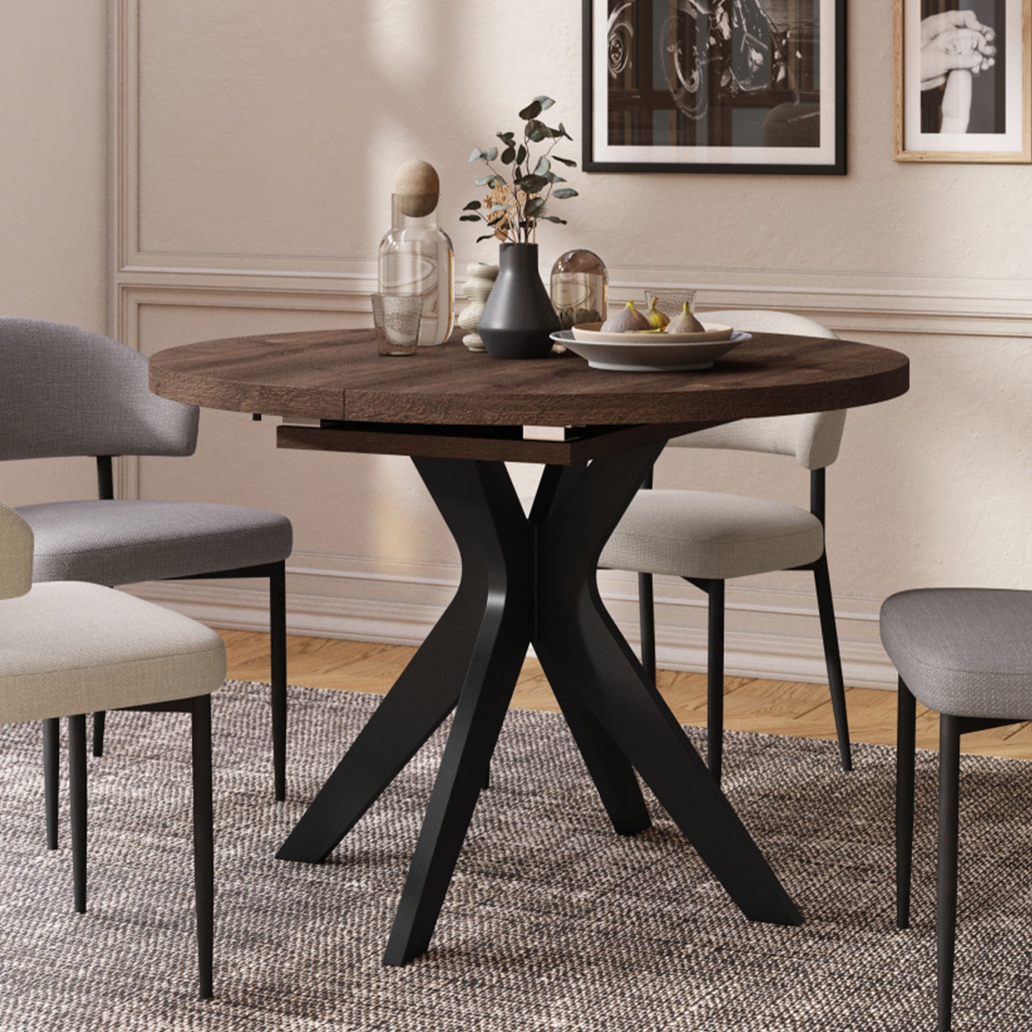 Renzo Extending Modern Dining Table – Brown Oak / Black