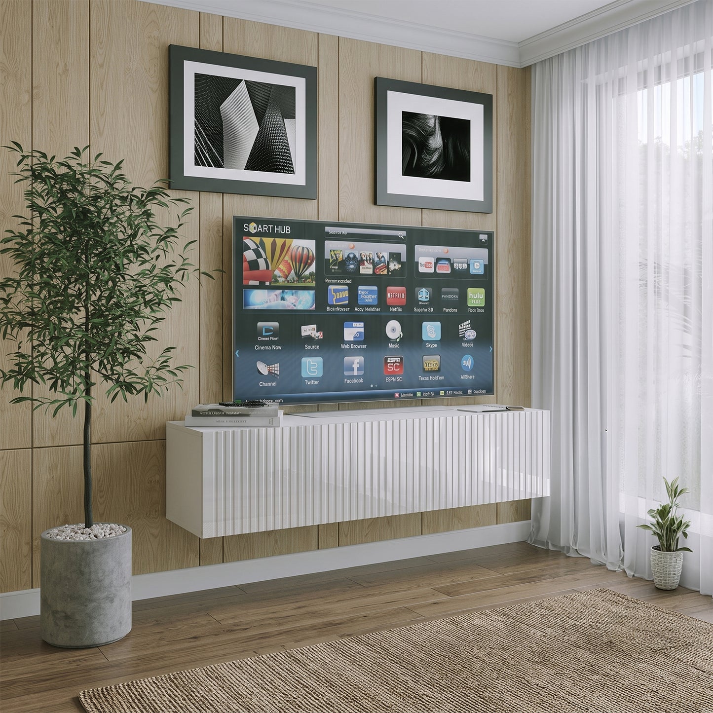 Joyce Wall Mounted TV Unit Modern Fluted Gloss Finish 150cm - White Gloss