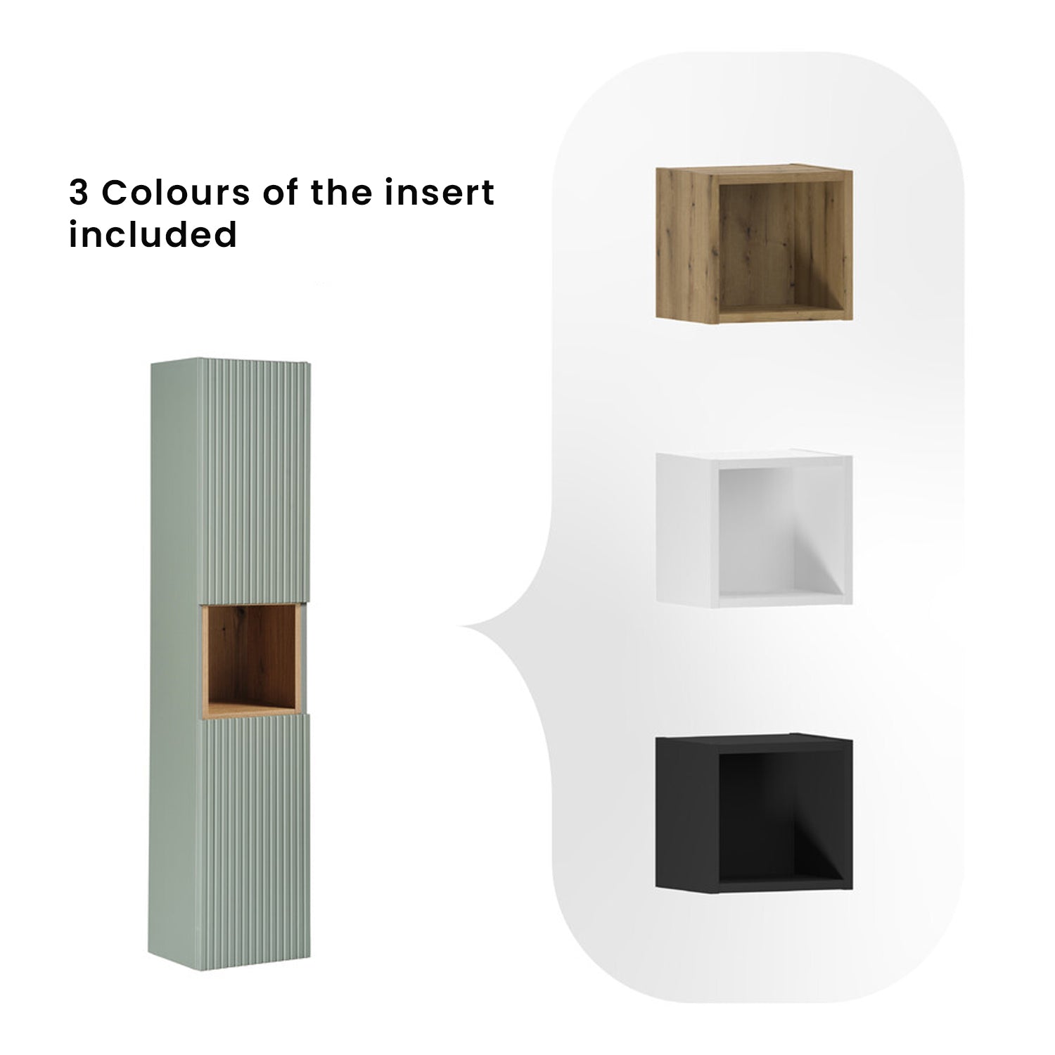 Line Reed Bathroom Wall Mounted 60cm Vanity Unit Set with Tall Cabinet and Worktop Basin - Sage / Oak