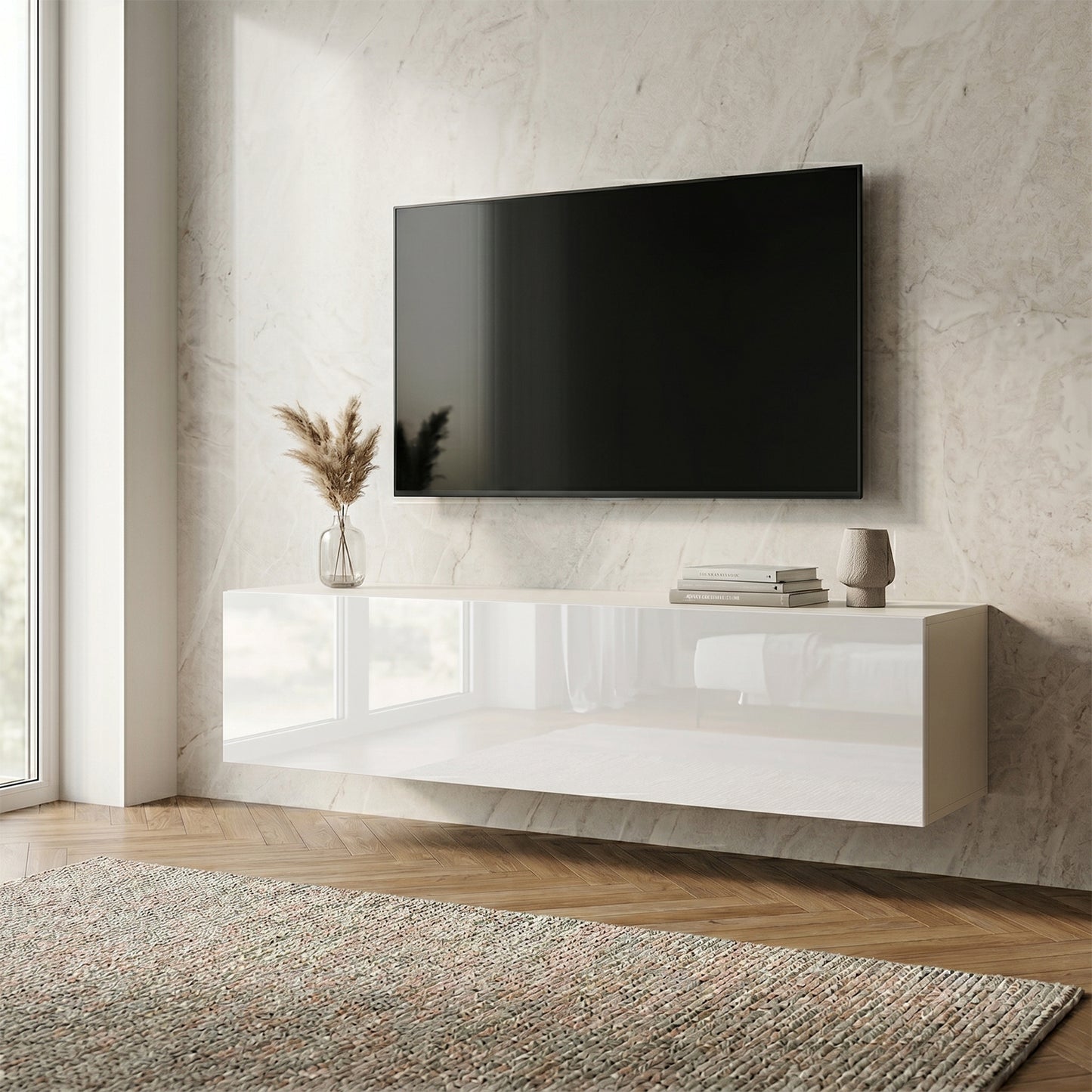 Joyce Wall Mounted TV Unit Modern Plain Gloss Finish 150cm - White Gloss