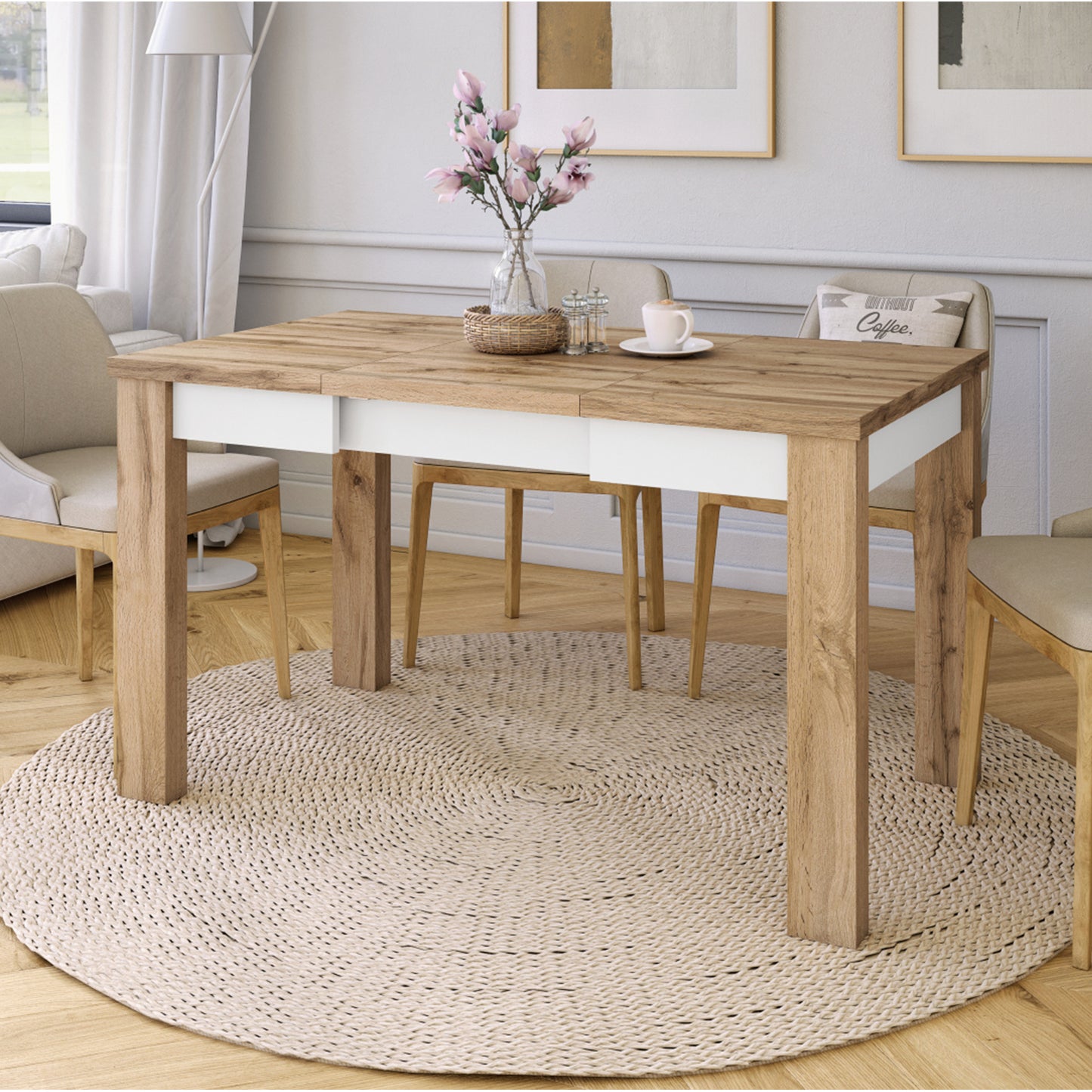 Fonte 85 Modern Extending Dining Table - Wotan Oak / White Matt