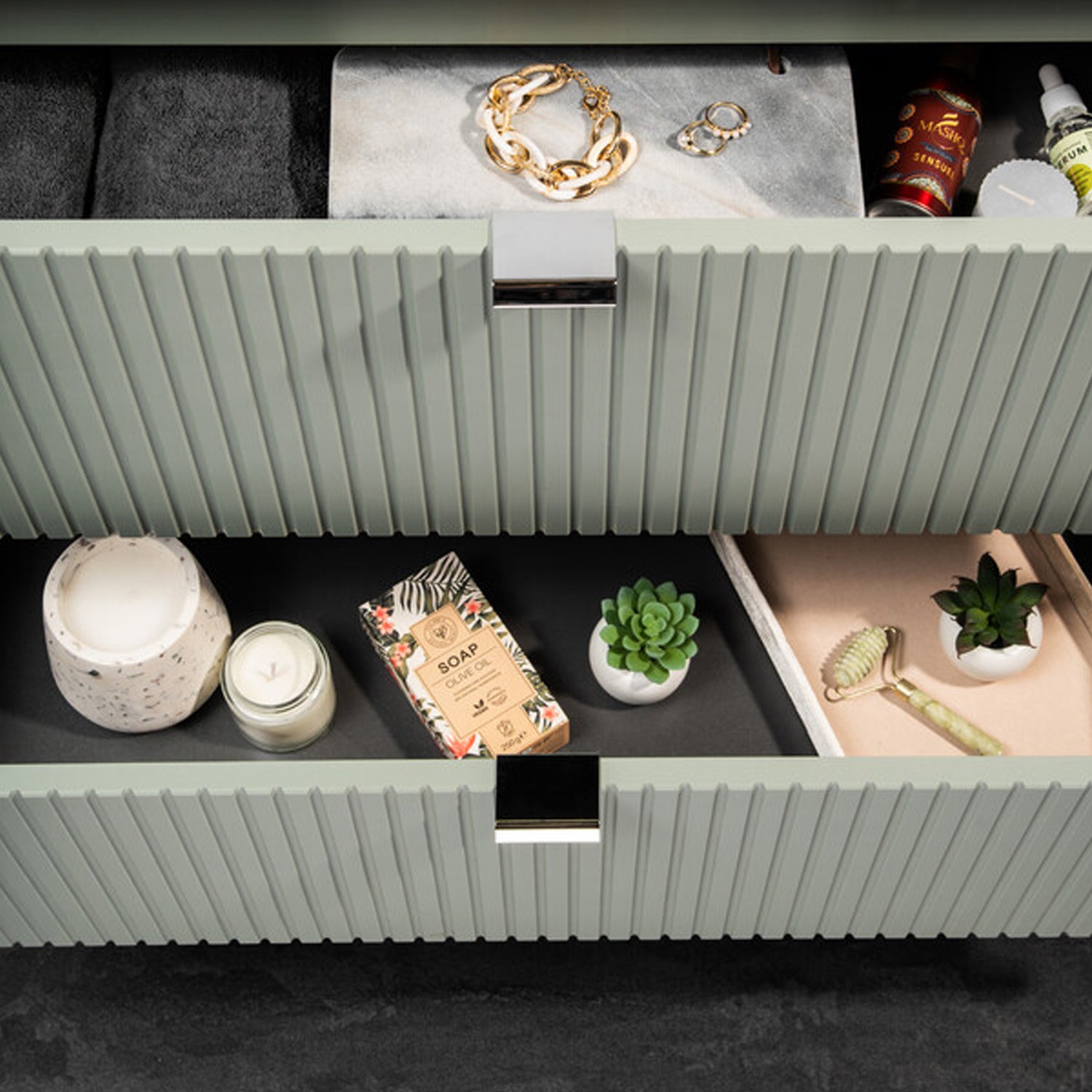 Line Reed 2 Drawer Bathroom Cabinet Vanity Unit 60cm with Worktop Basin - Sage / Oak