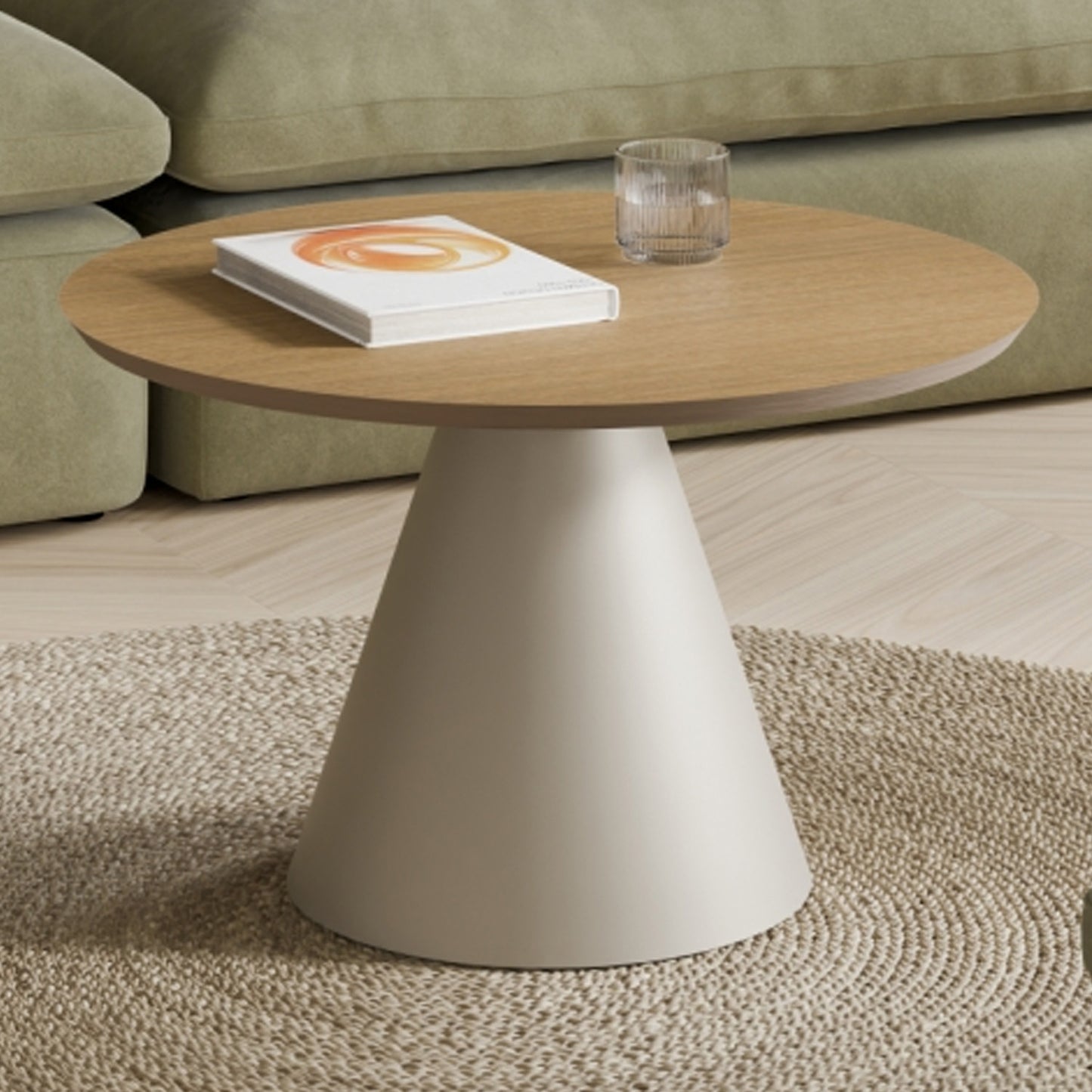 Bosco Coffee Table Round Modern Steel Base & Wood Veneer - Natural Oak / Cashmere