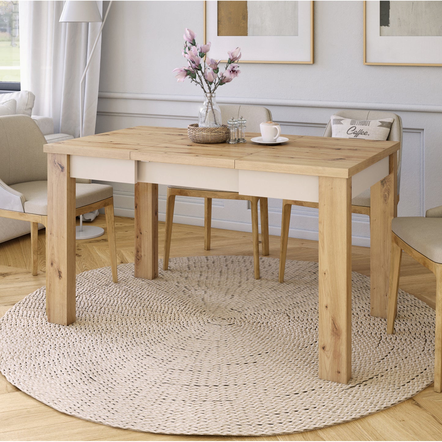 Fonte 85 Modern Extending Dining Table - Artisan Oak / Beige