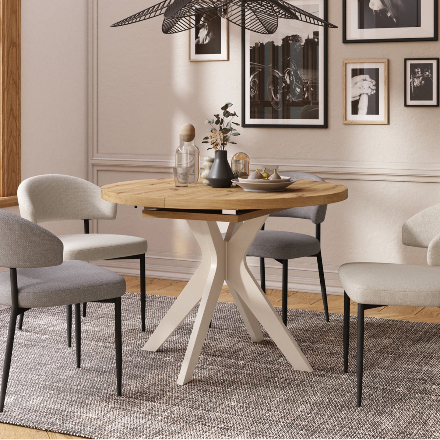 Renzo Extending Modern Dining Table – Artisan Oak / Beige