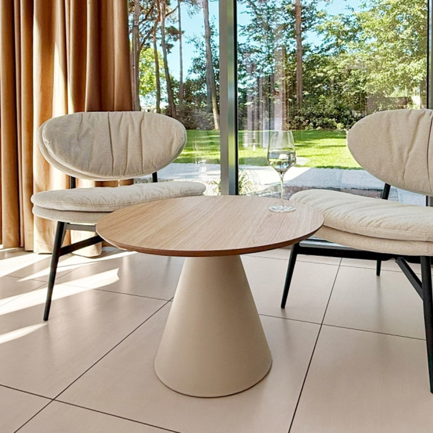 Bosco Coffee Table Round Modern Steel Base & Wood Veneer - Natural Oak / Cashmere