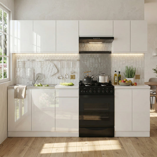 Summer 7 Unit Handleless Kitchen Cabinets Set 240cm - White Gloss