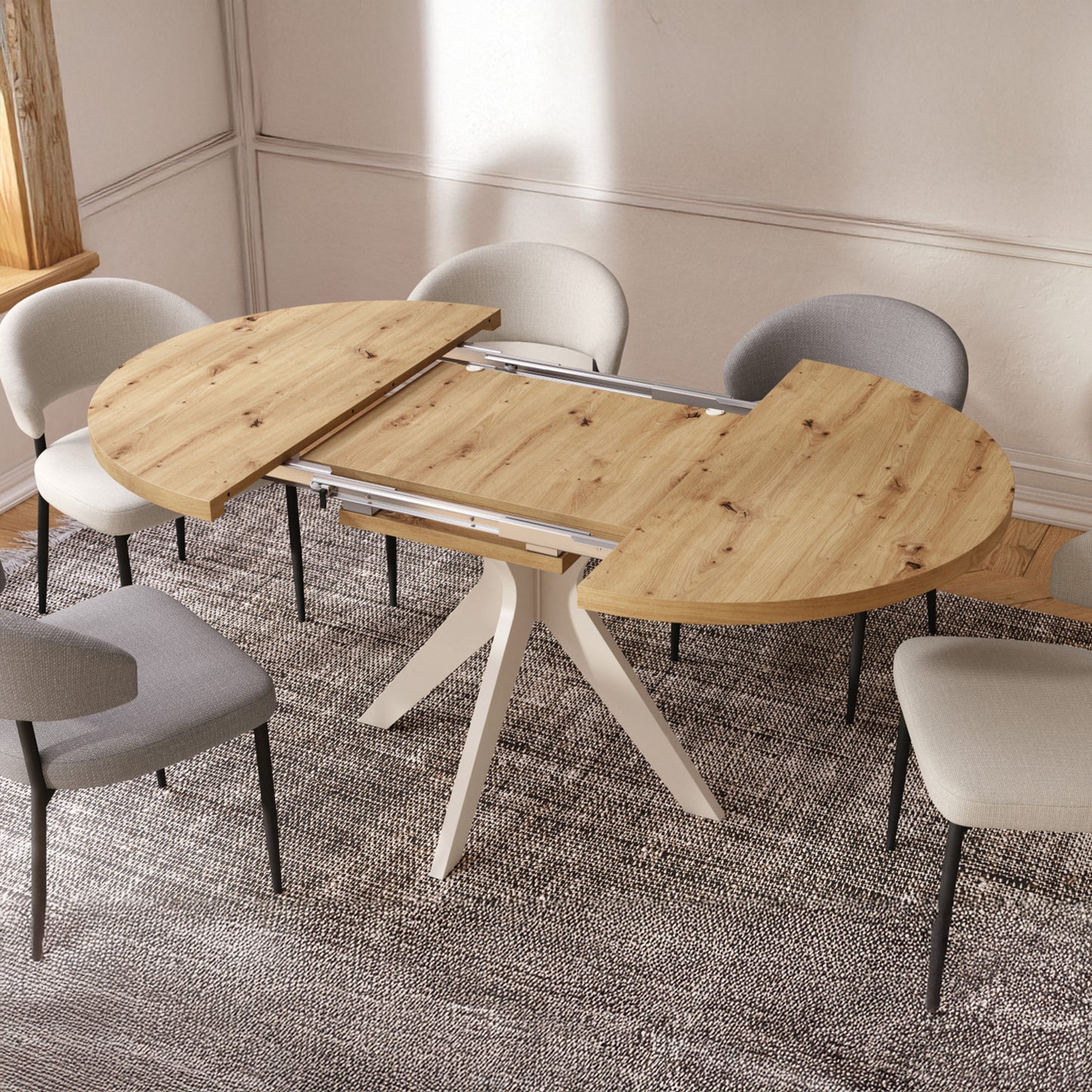 Renzo Extending Modern Dining Table – Artisan Oak / Beige