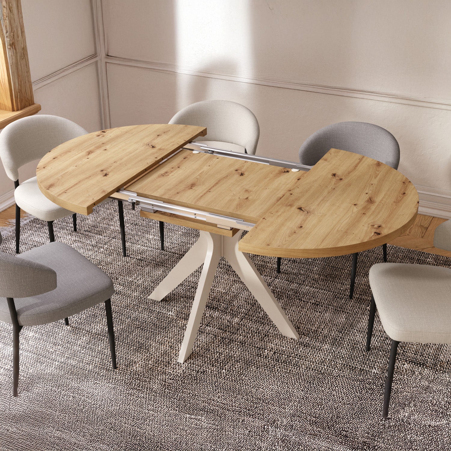 Renzo Extending Modern Dining Table – Artisan Oak / Beige