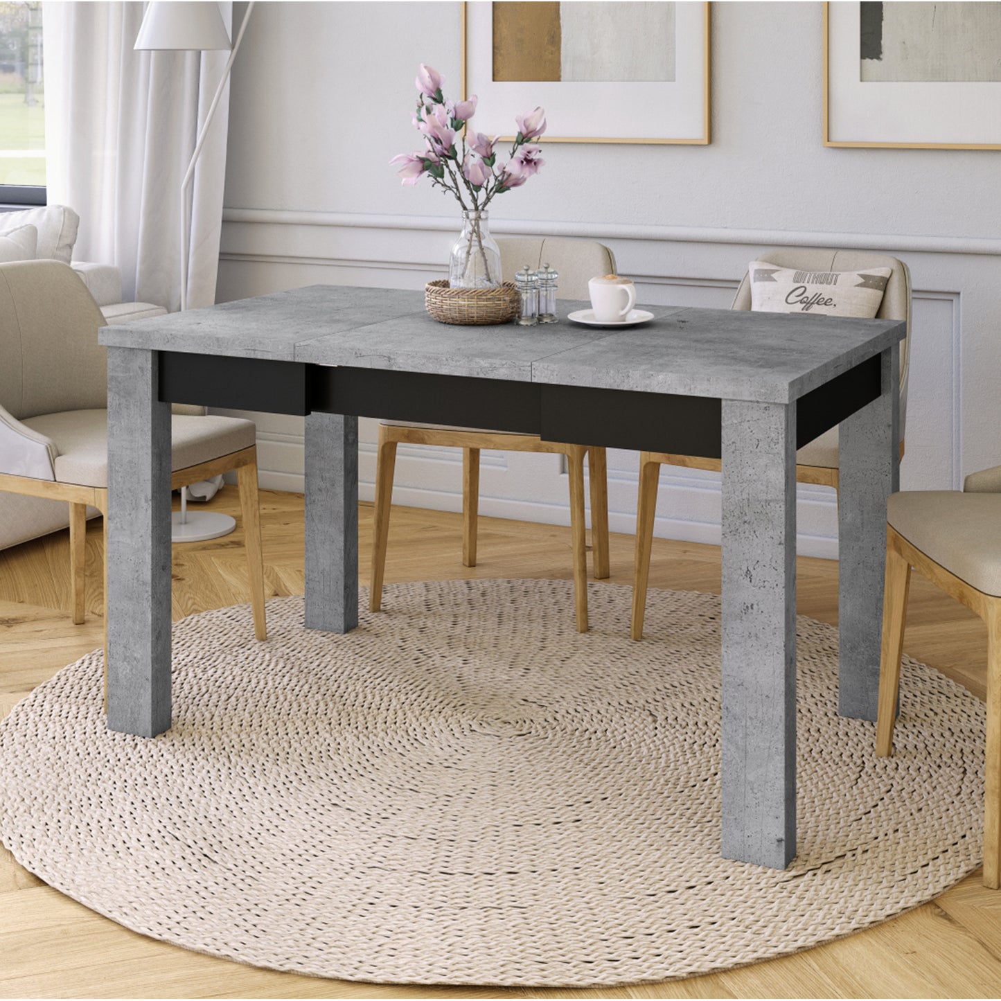 Fonte 85 Modern Extending Dining Table - Concrete / Black Matt