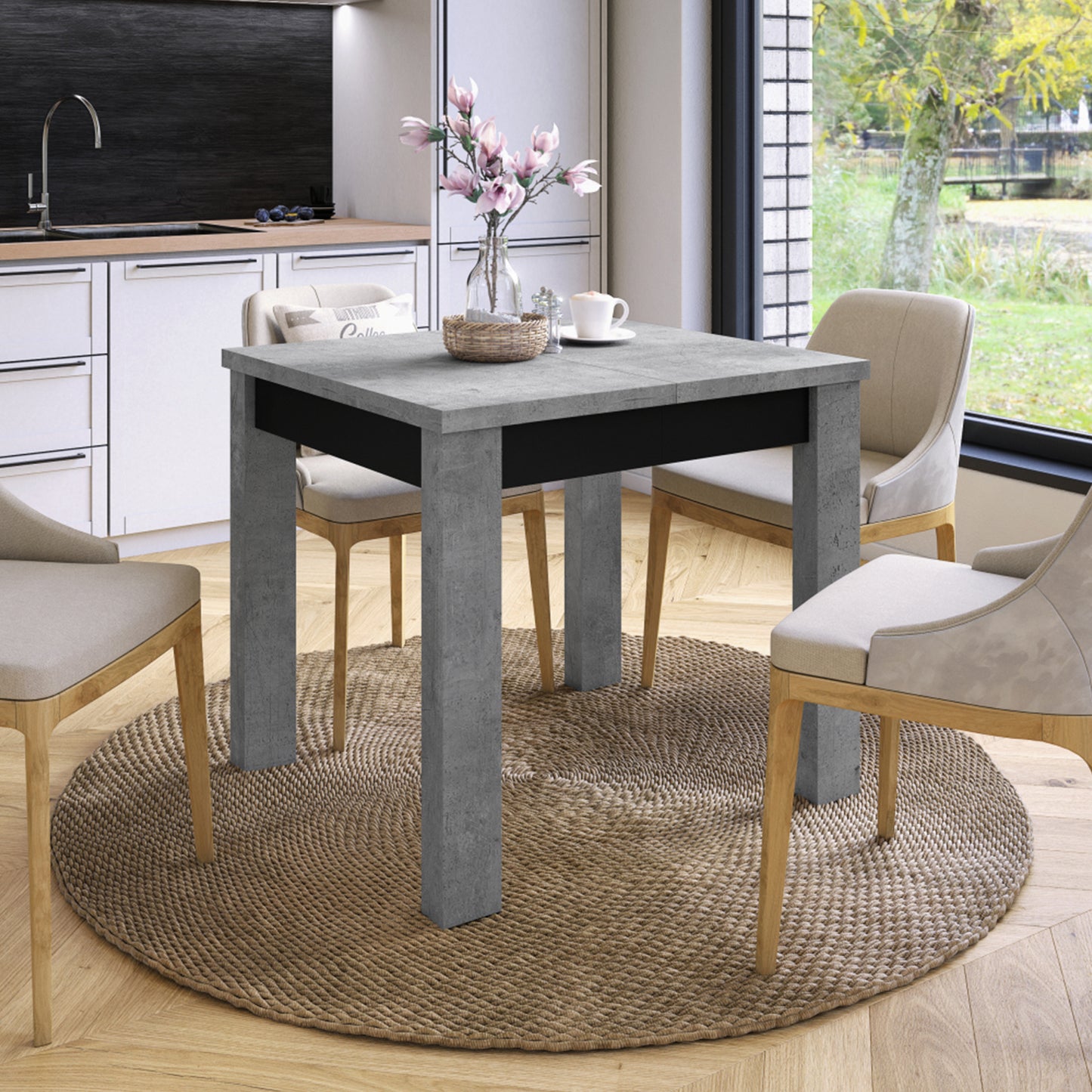 Fonte 85 Modern Extending Dining Table - Concrete / Black Matt