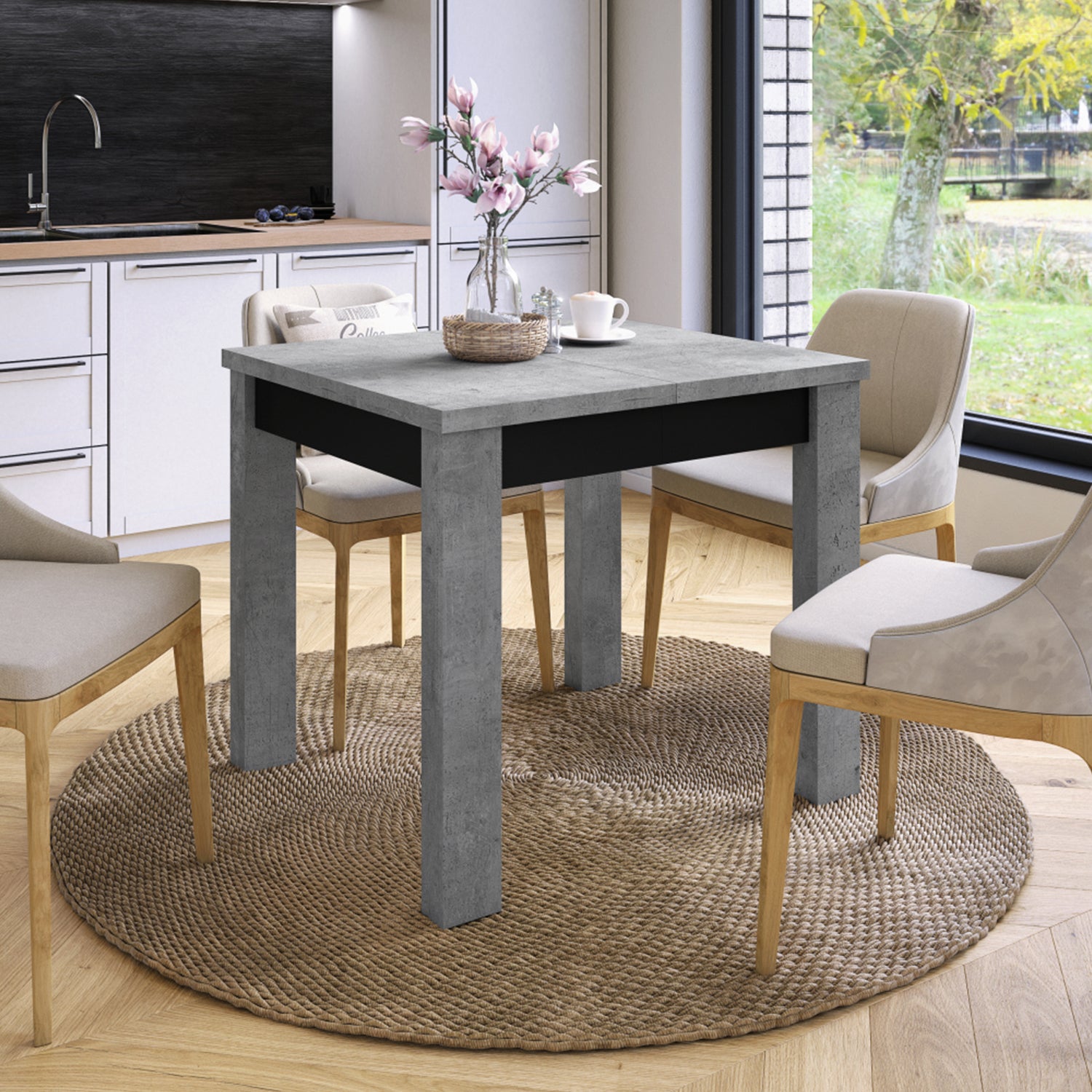 Fonte 85 Modern Extending Dining Table - Concrete / Black Matt