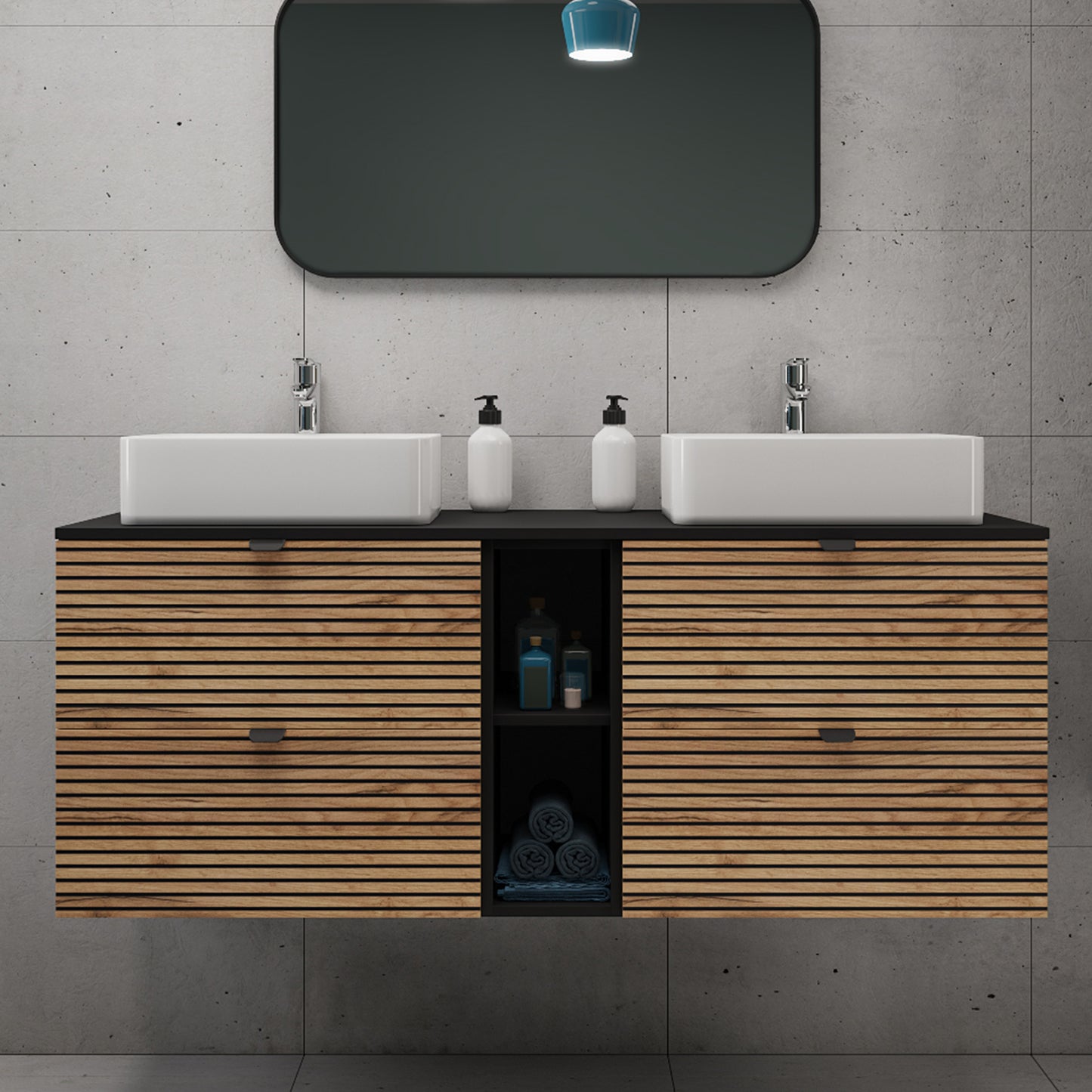 Loft Modern Style Ribbed Door 140cm Bathroom Cabinet Vanity Unit with Worktop - Gold Craft Oak
