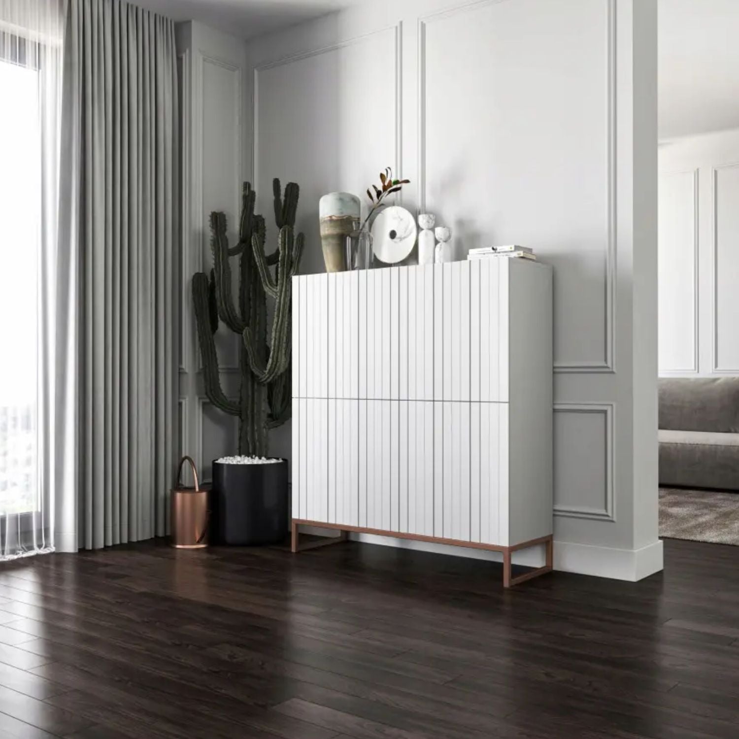 Elpis Glamour Sideboard Push-to-Open Cabinet - White Matt / Copper Frame