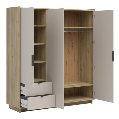 Davina 3 Door Wardrobe 180cm with 2 Drawers - Mauvella Oak / Cashmere