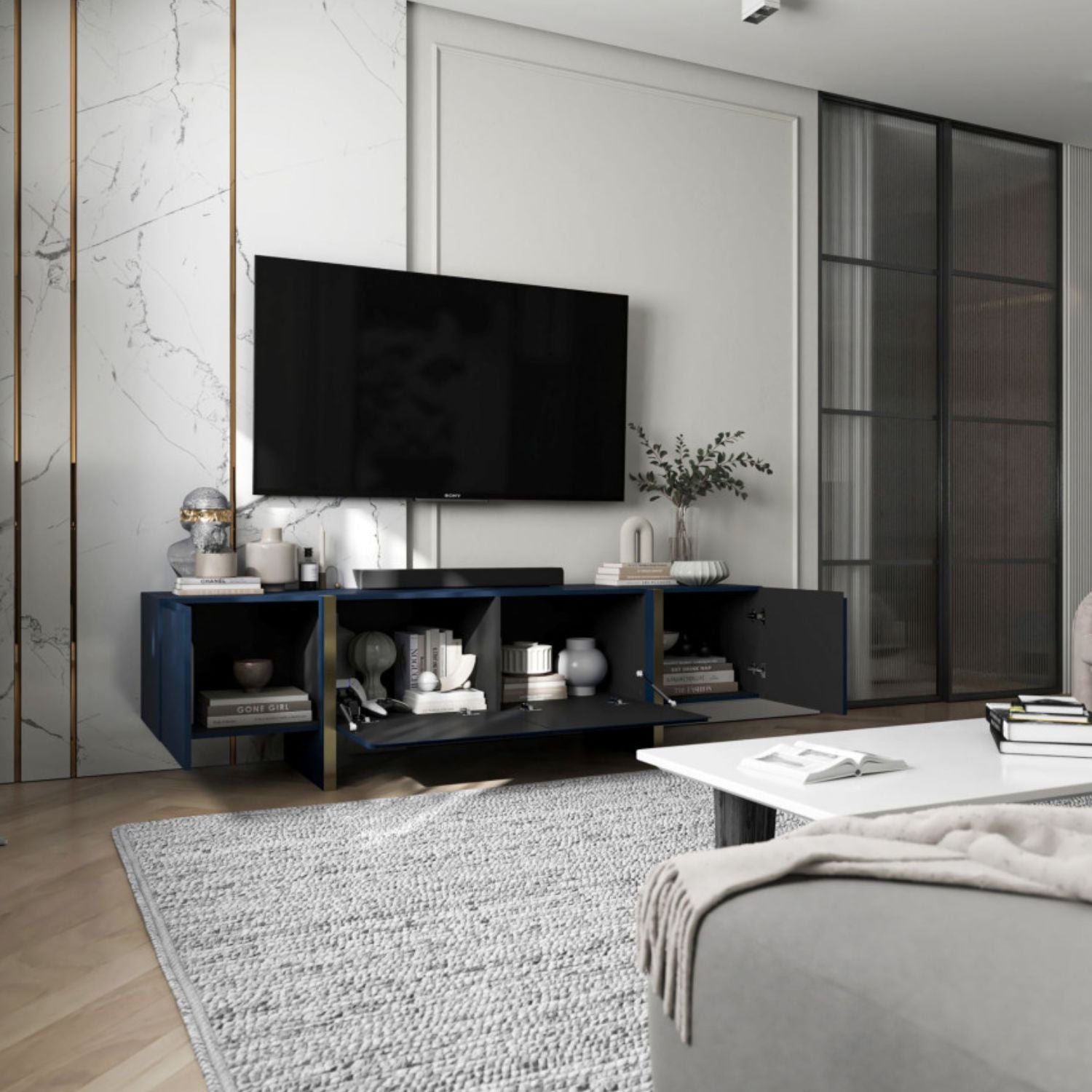 KYOTO Glamour Modern Loft Style TV Cabinet 180 cm TV Stand - Blue
