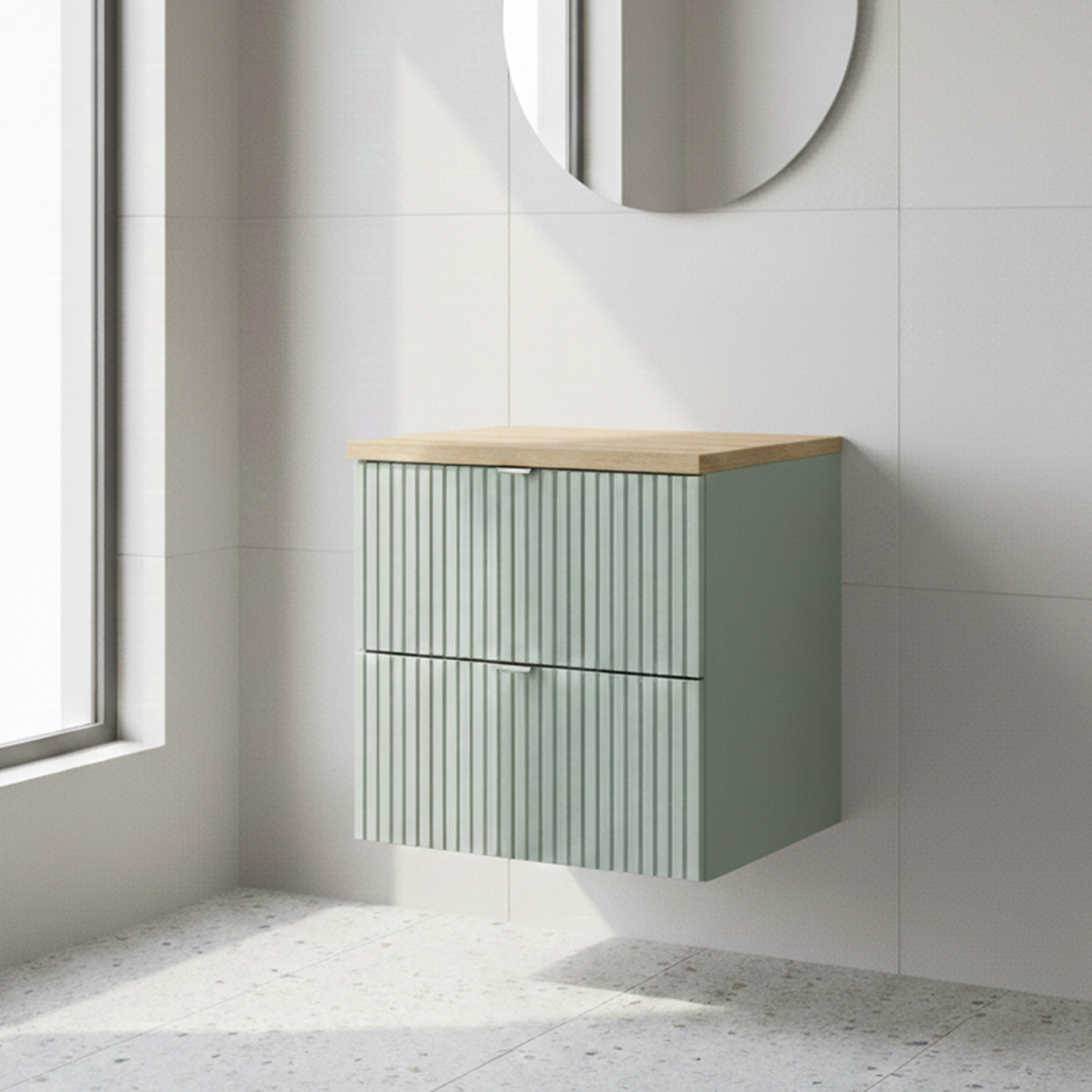 Line Reed 2 Drawer Bathroom Cabinet Vanity Unit 50cm - Sage