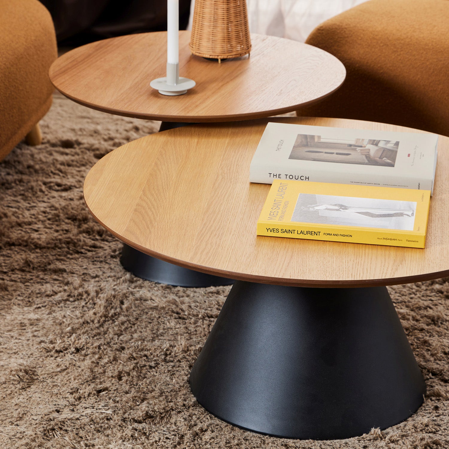 Bosco Coffee Table Round Modern Steel Base & Wood Veneer - Natural Oak / Black