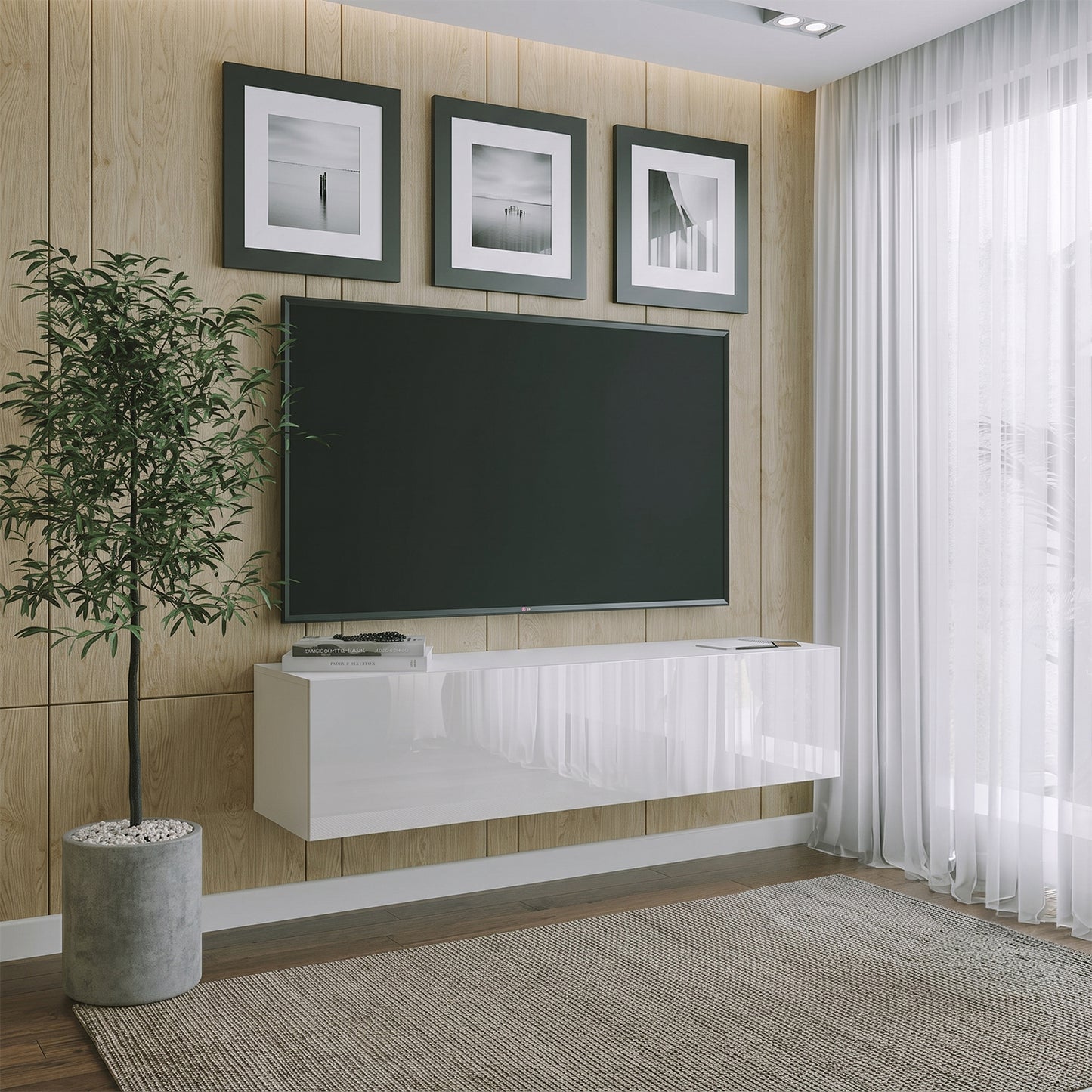 Joyce Wall Mounted TV Unit Modern Plain Gloss Finish 150cm - White Gloss